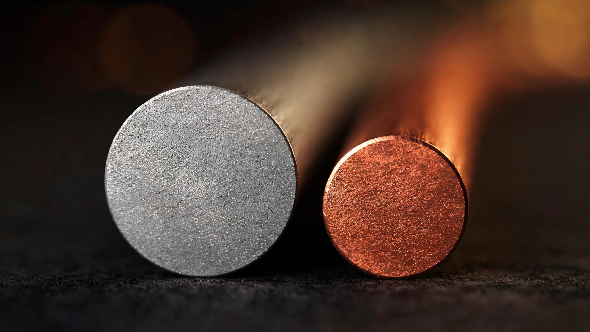 Macro photograph of aluminium and copper wire cross-sections side by side on a dark surface, warm studio lighting