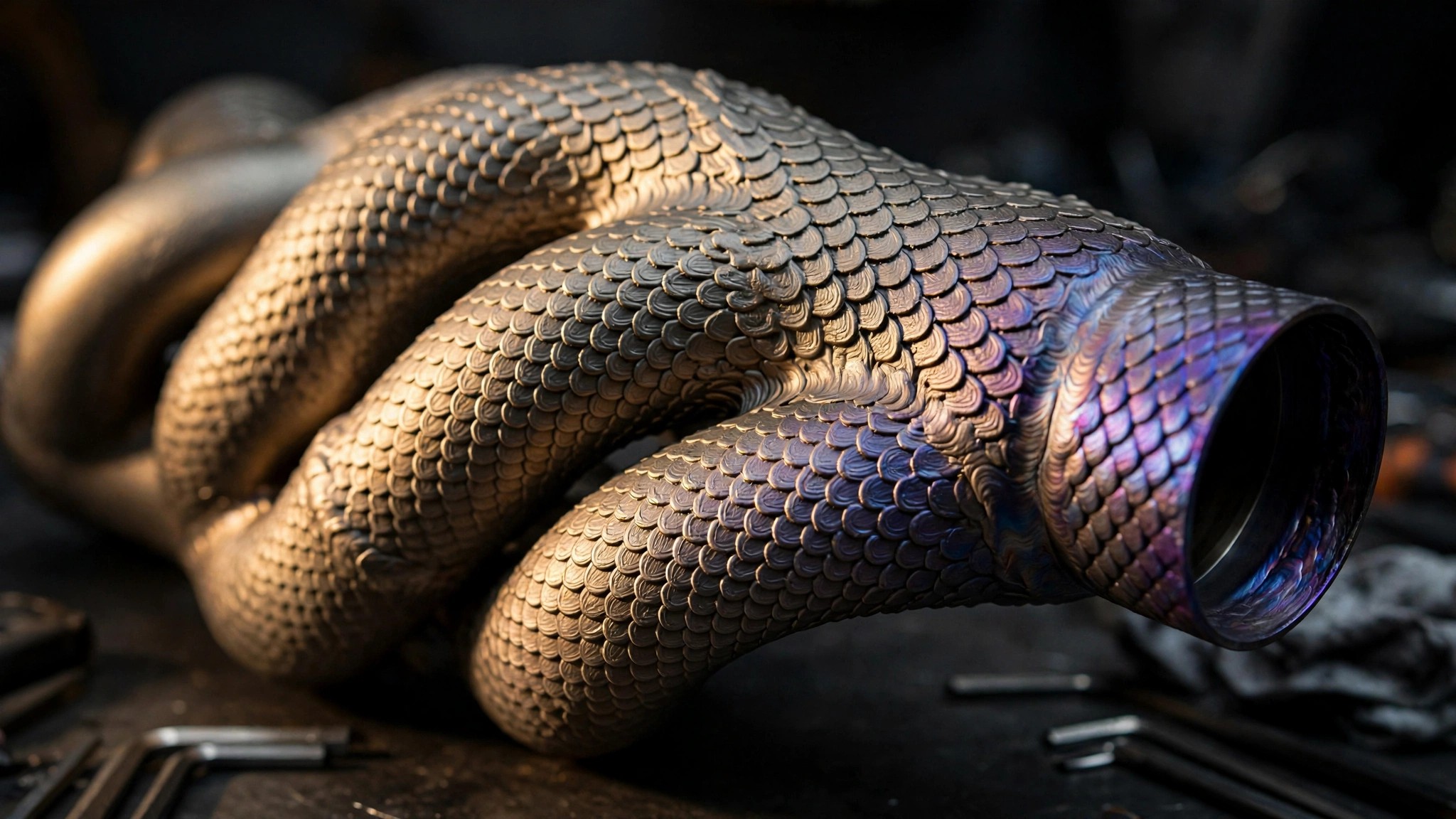 Macro photograph of a 3D-printed titanium exhaust manifold with dragon scale surface texture under warm workshop lighting