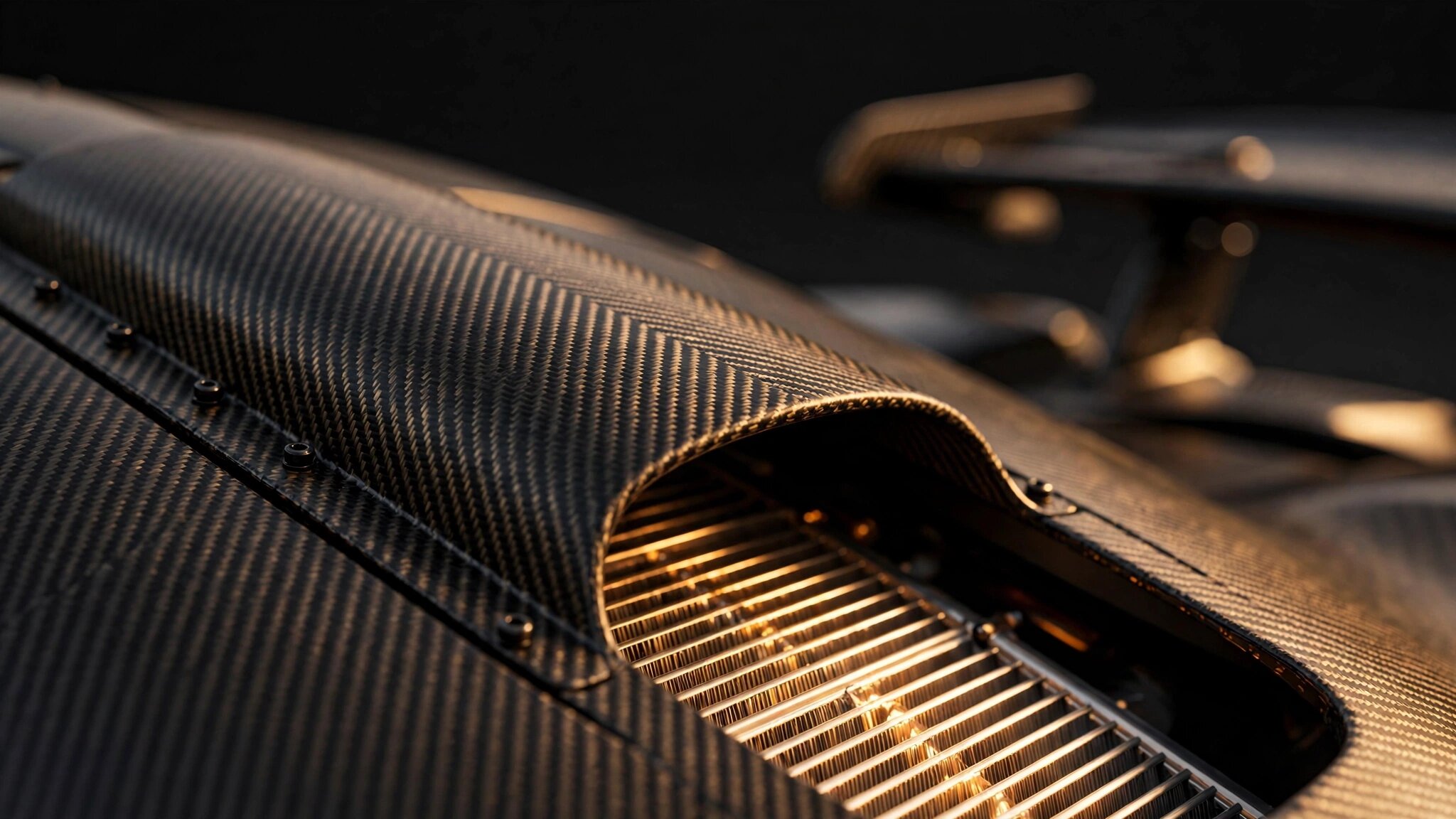 Macro photograph of a supercar carbon fiber roof scoop and air intake channel under warm studio lighting
