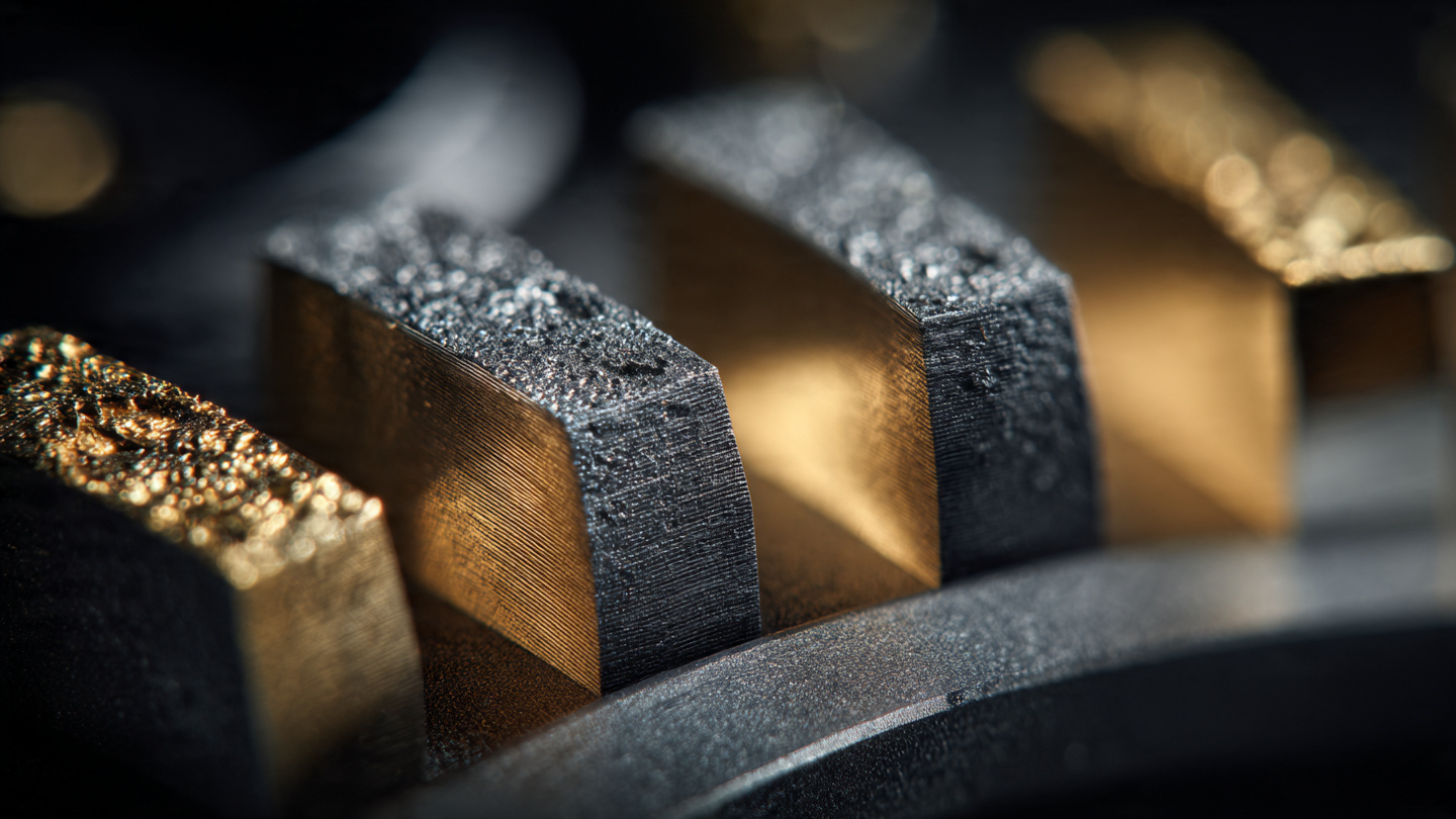 Extreme macro photograph of samarium-cobalt magnets embedded in a miniature titanium escape wheel, showing rare-earth magnetic material texture against polished metal under warm directional lighting