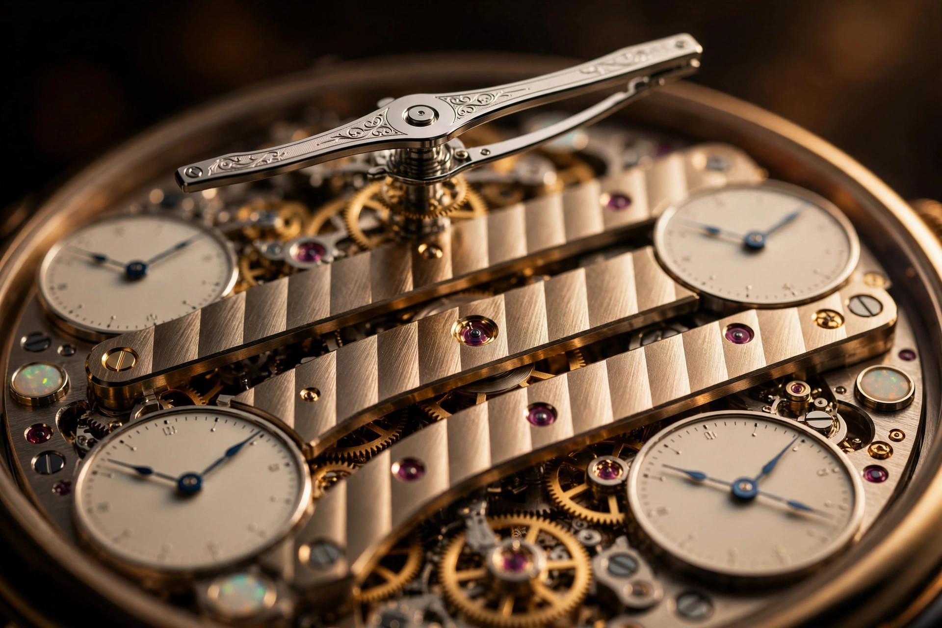 Macro photograph of an ultra-thin watch movement with a platinum micro-rotor and four small opaline subdials, warm directional studio lighting on brushed metal