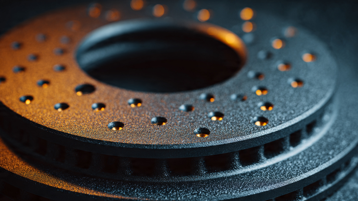 Carbon ceramic brake disc macro showing C/SiC surface and drilled cooling channels