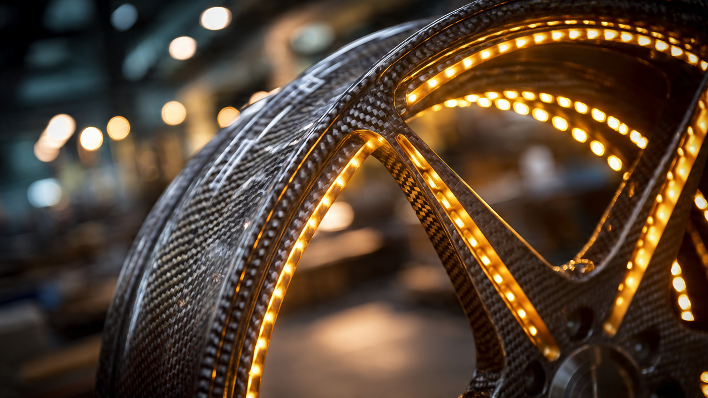One-piece carbon fiber wheel close-up showing woven carbon weave pattern