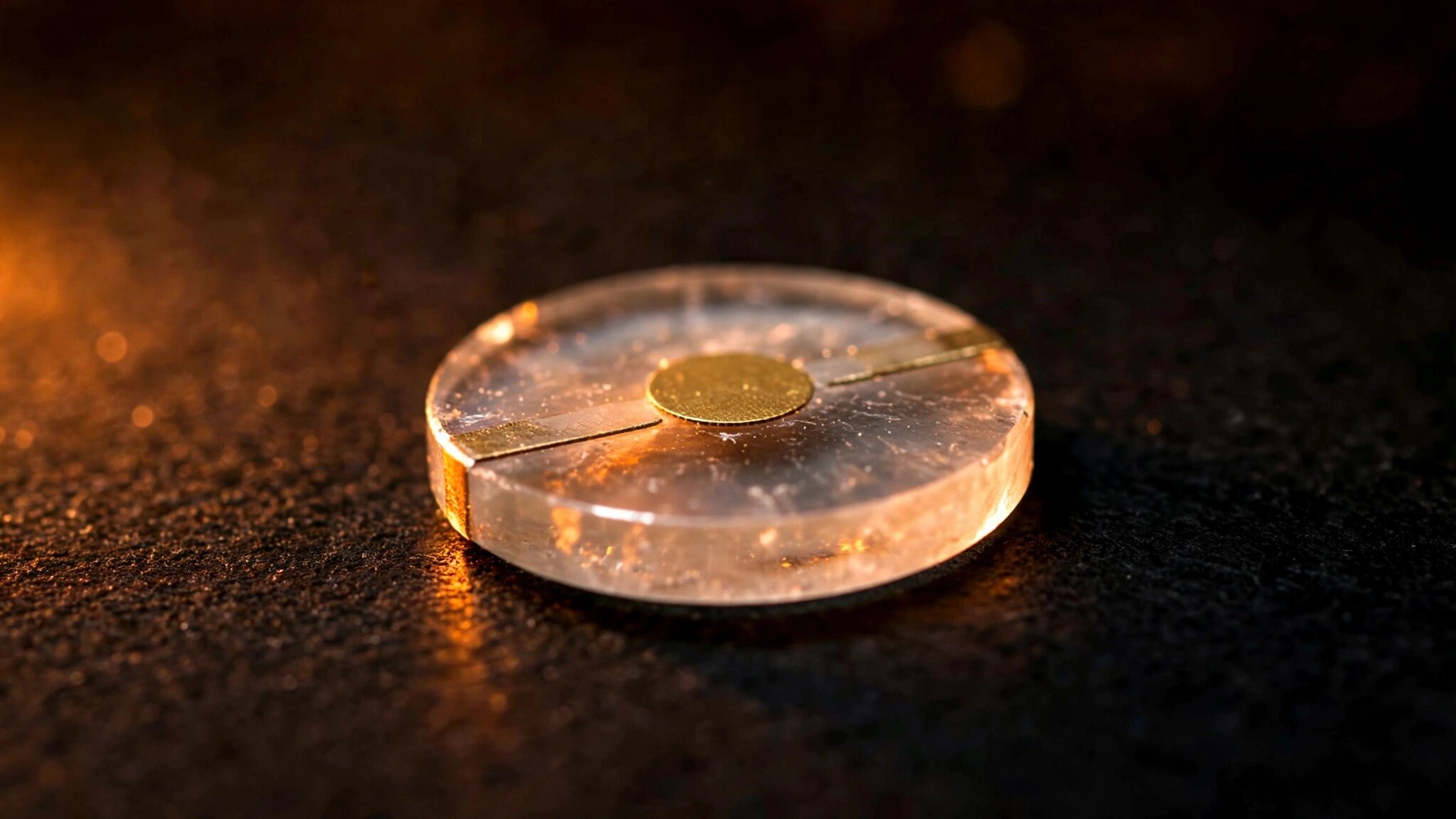 Macro photograph of an AT-cut quartz crystal oscillator disc catching warm light