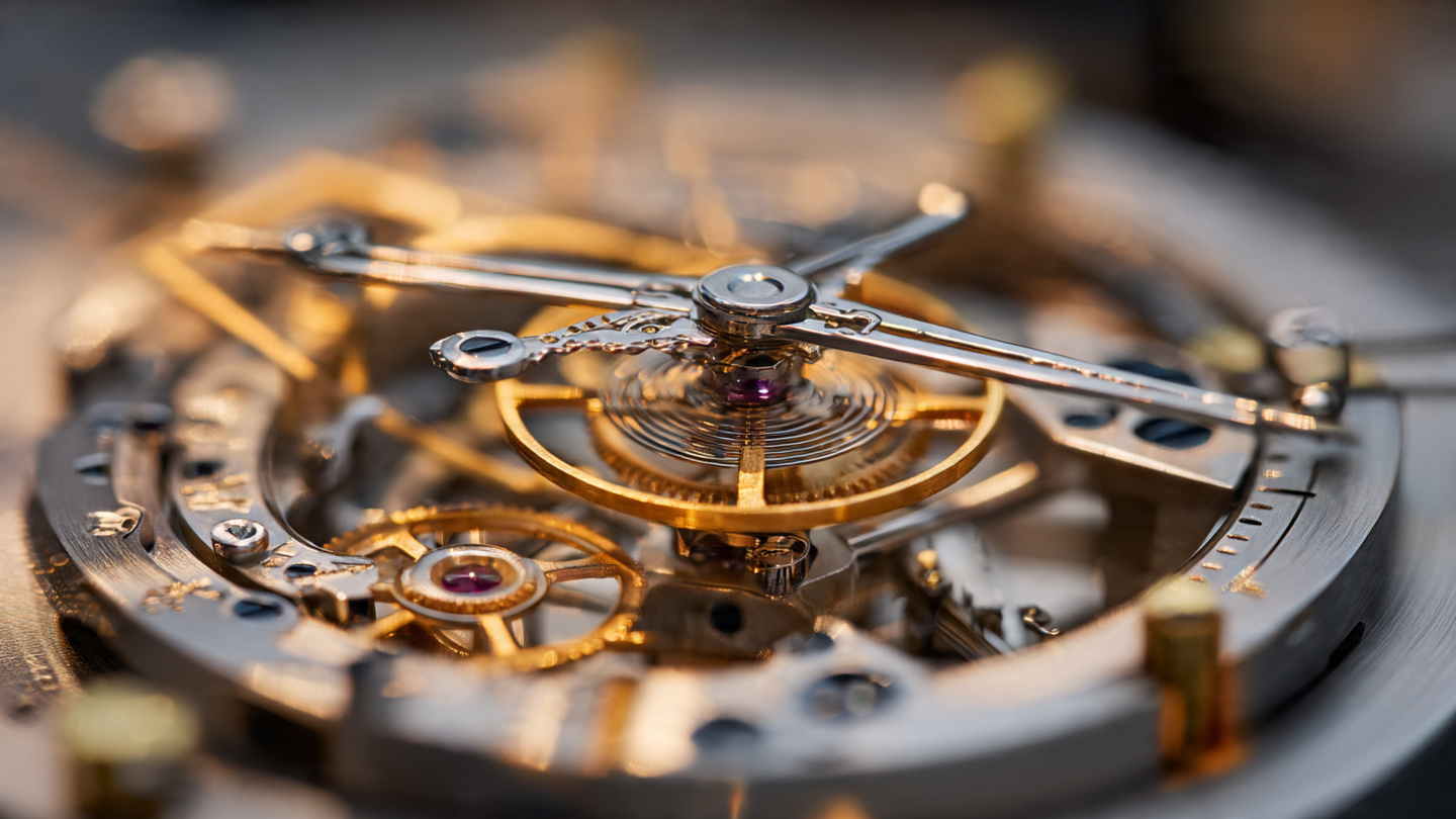 Close-up macro of co-axial escapement wheel and pallet fork in polished steel under warm golden workshop lighting