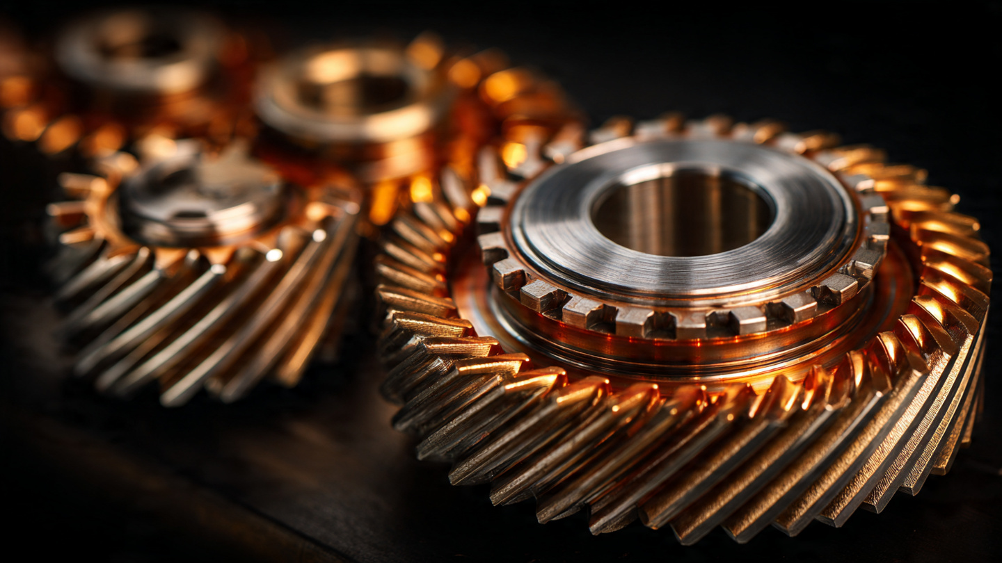Close-up macro photograph of precision-machined transmission gears and a dual-clutch assembly under warm directional lighting