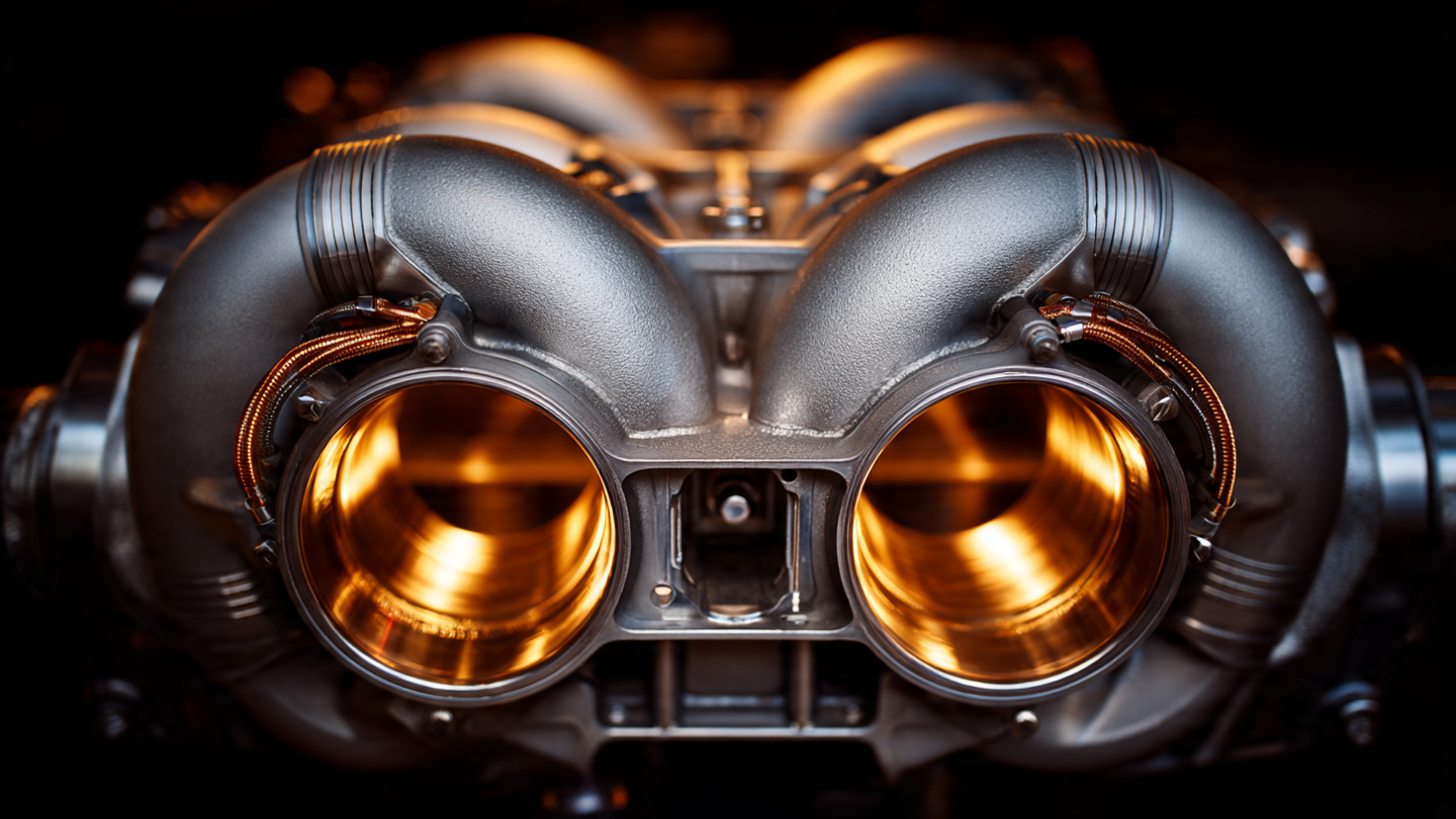 Macro photograph of twin turbochargers integrated into a V8 exhaust manifold with braided oil feed lines and CNC-machined aluminum exhaust runners under warm amber workshop lighting