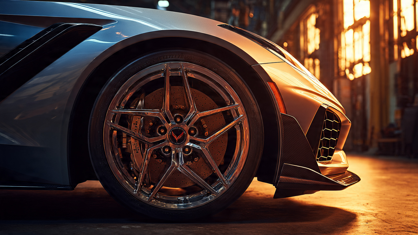 Close-up photograph of a Corvette ZR1X front wheel and brake assembly showing carbon-ceramic rotor and caliper behind a lightweight forged wheel under warm directional lighting