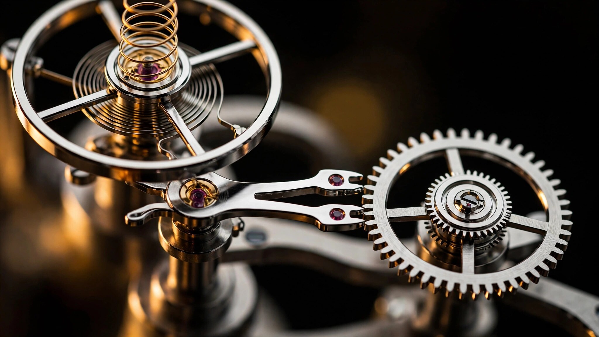 Macro photograph of the Grand Seiko 9SA5 movement showing the dual impulse escapement and free-sprung balance under warm directional lighting