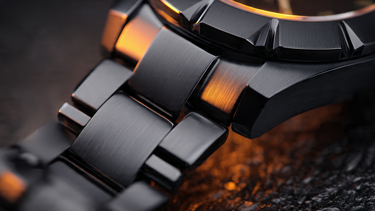 Close-up macro photograph of a black DLC-coated titanium watch case and bracelet showing brushed and polished facets under warm amber workshop lighting