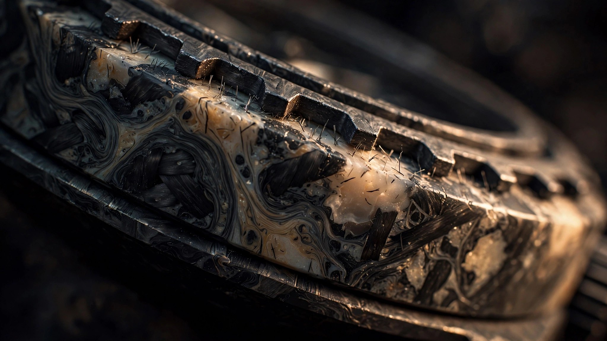 Macro photograph of a forged carbon composite watch bezel showing marble-swirl fiber pattern in resin matrix