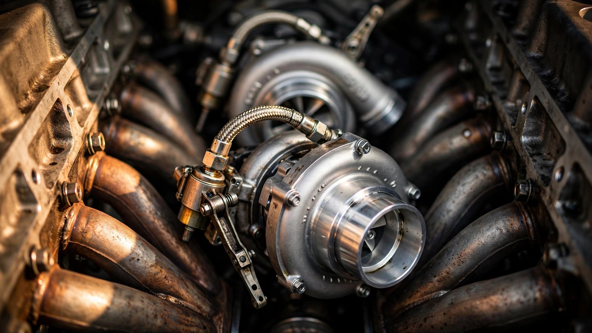Macro photograph of twin turbochargers nestled between V8 cylinder banks showing exhaust manifold runners and compressor housings