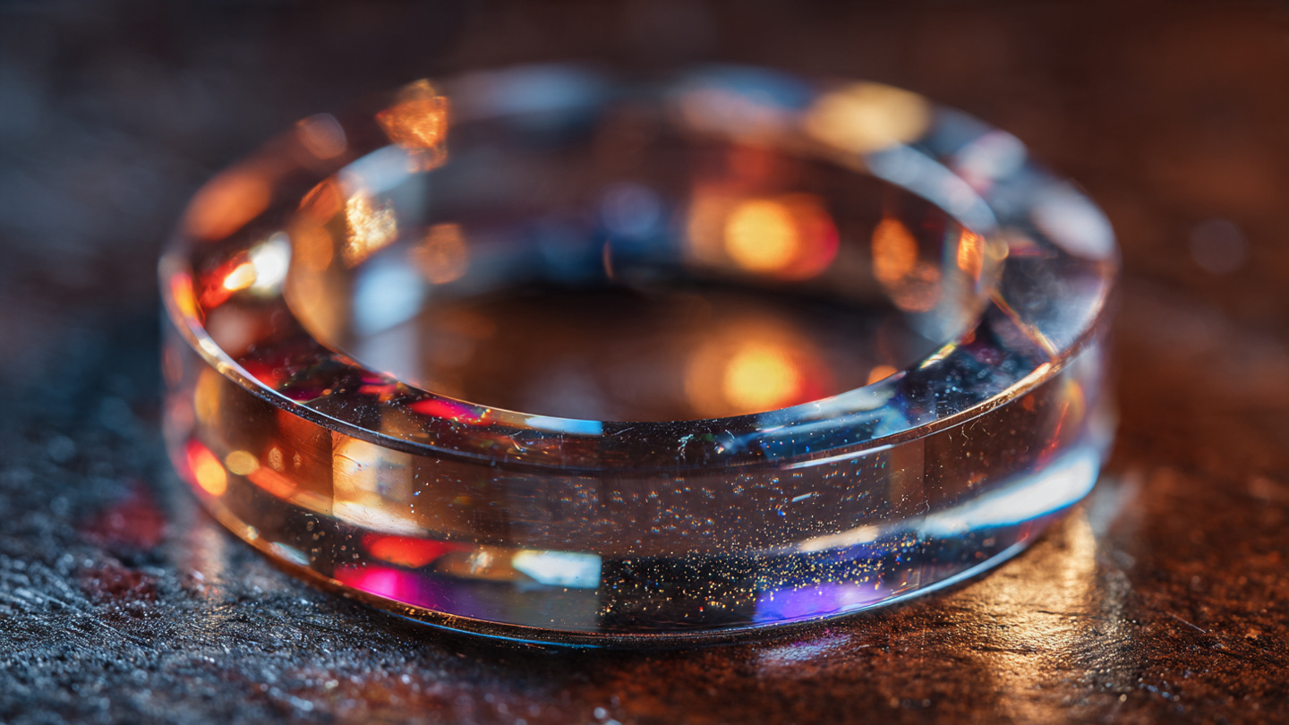Macro photograph of a transparent sapphire crystal watch case component on a dark workshop surface showing light refractions and rainbow caustics under warm tungsten lighting