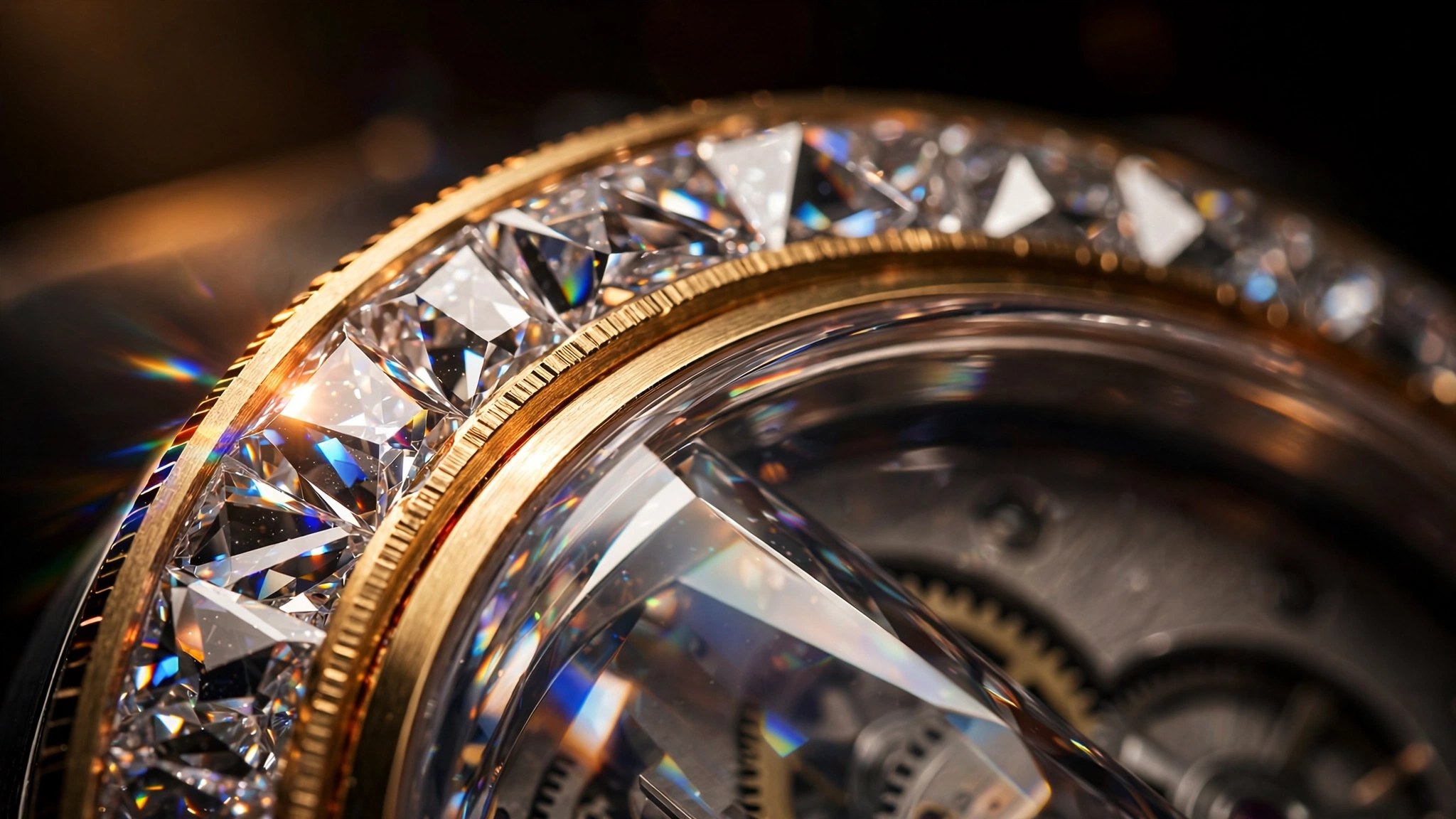 Macro photograph of 145 fancy-cut diamonds set into a sapphire crystal case on the Hublot Spirit of Big Bang Impact