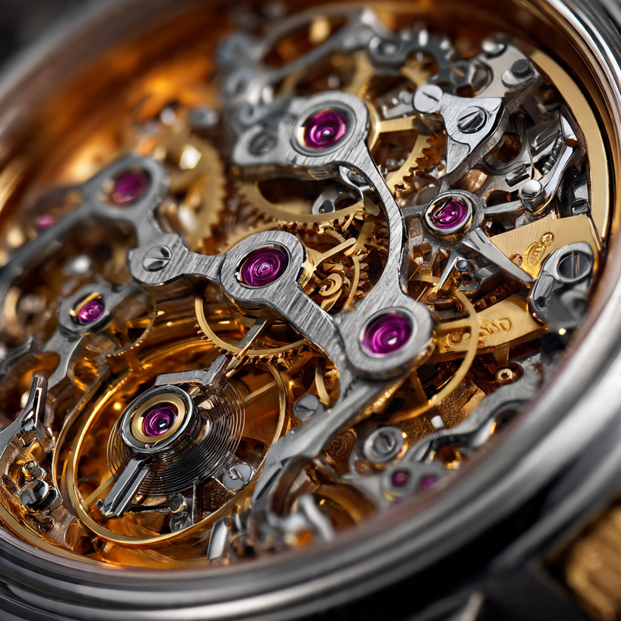 Macro photograph of a column wheel chronograph mechanism with polished steel and brushed titanium components under warm directional lighting