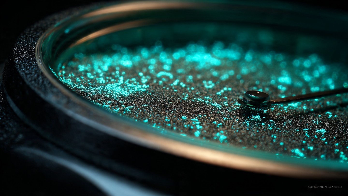 Macro photograph of a white luminous ceramic watch case glowing with blue-green phosphorescent light against a dark background, showing the granular texture of embedded Super-LumiNova pigments within sintered zirconium oxide surface