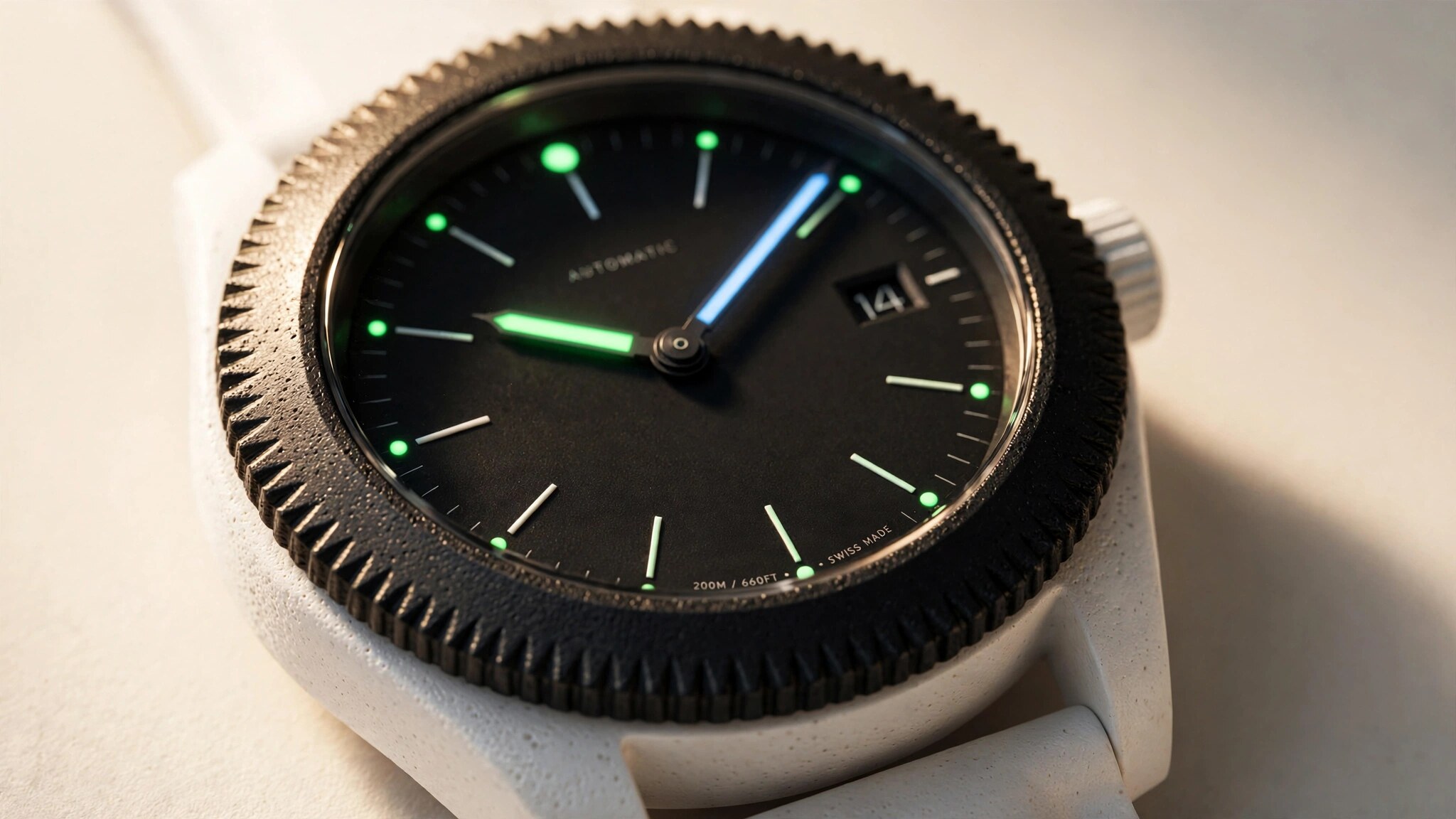 Macro photograph of a white ceramic watch case with matte black dial and ridged bezel under warm directional lighting