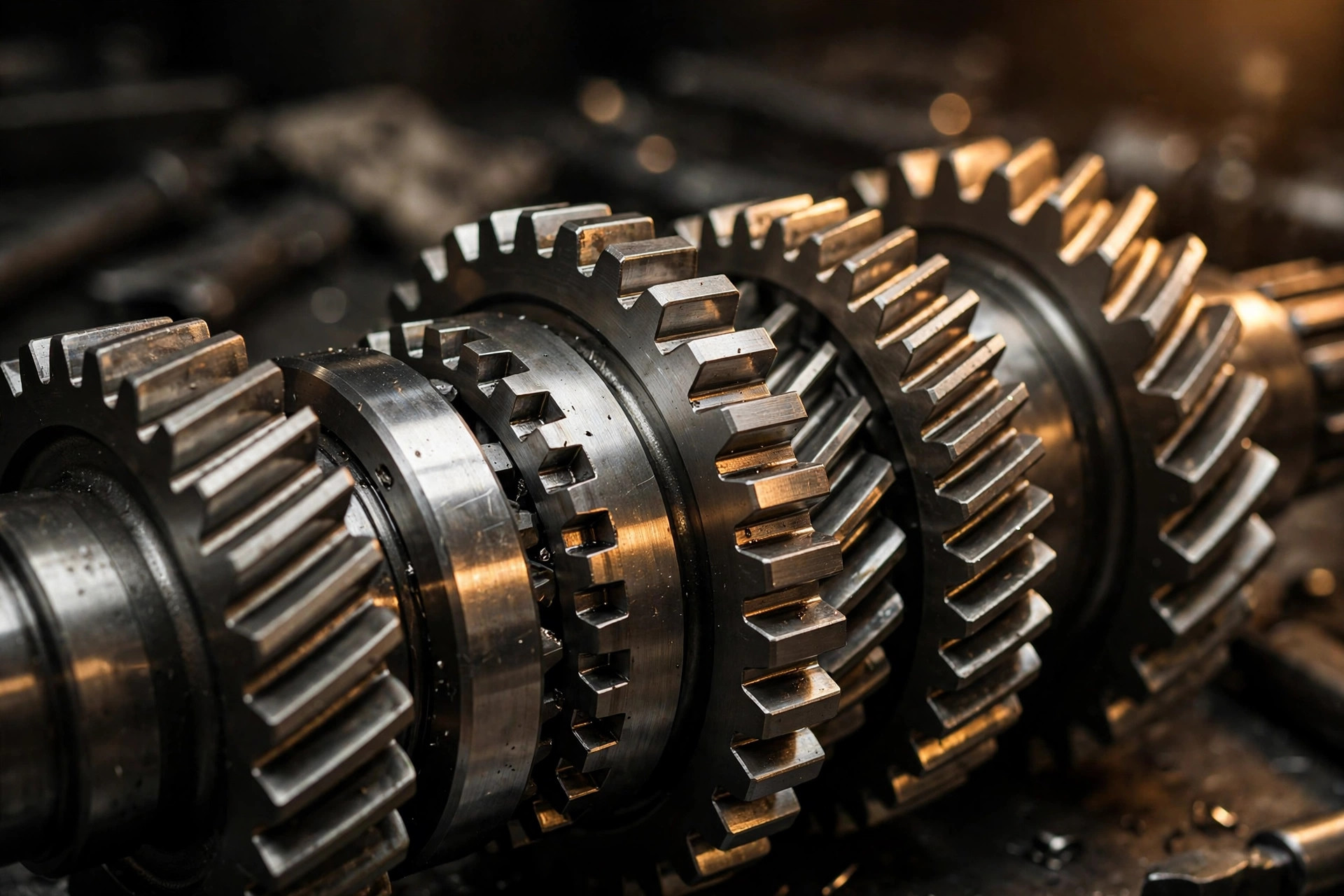 Macro photograph of a straight-cut transmission gearset with polished steel dog-engagement rings, warm amber workshop lighting