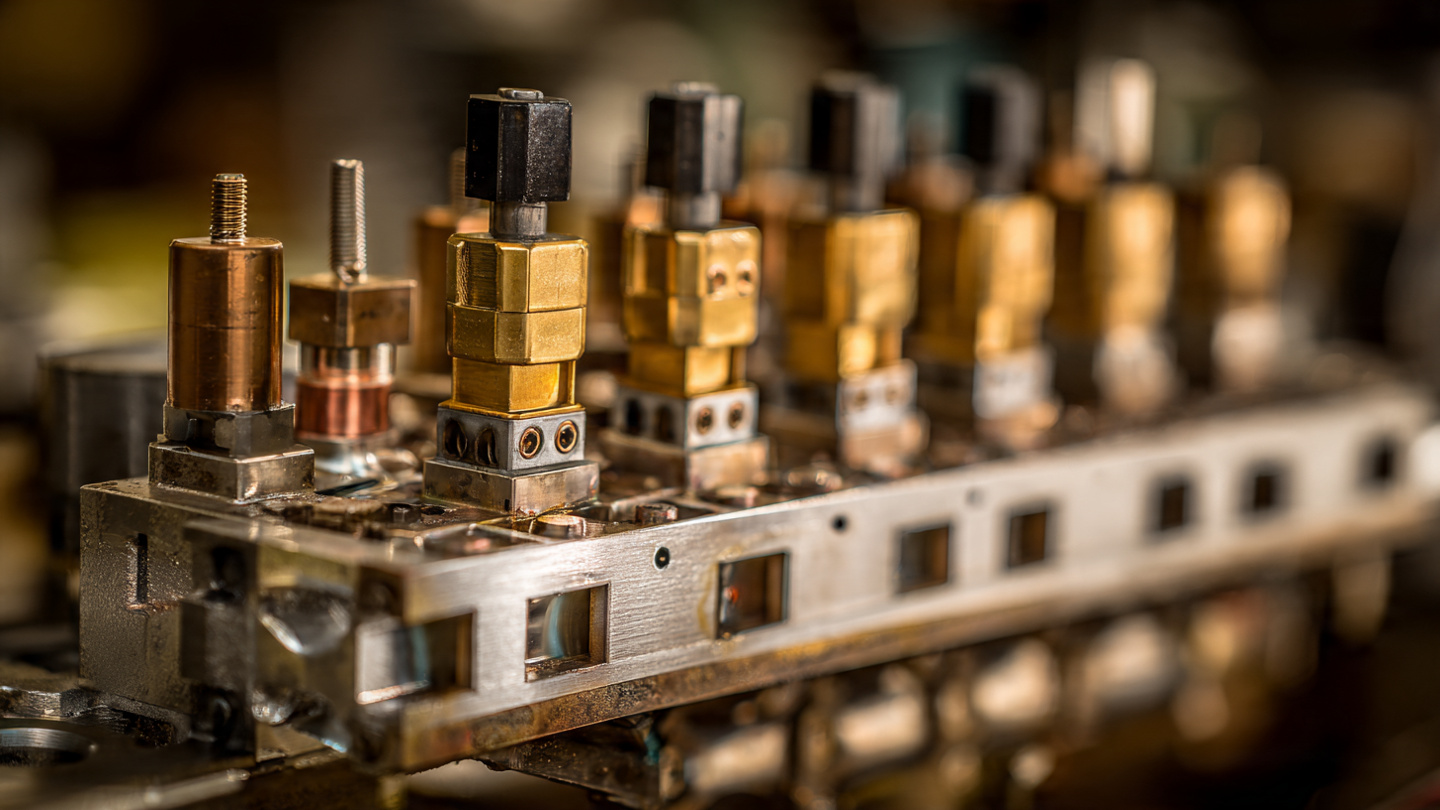 Macro photograph of electro-hydraulic-pneumatic valve actuators mounted on a camless engine cylinder head, warm directional lighting revealing solenoid housings and pneumatic lines