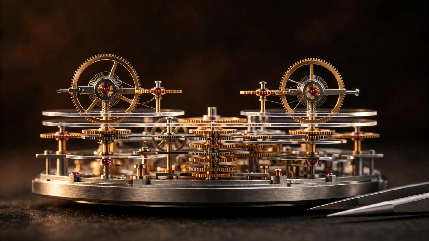 Editorial macro photograph of an impossibly thin mechanical watch movement in profile, dual balance wheels and sapphire discs visible, warm directional studio lighting