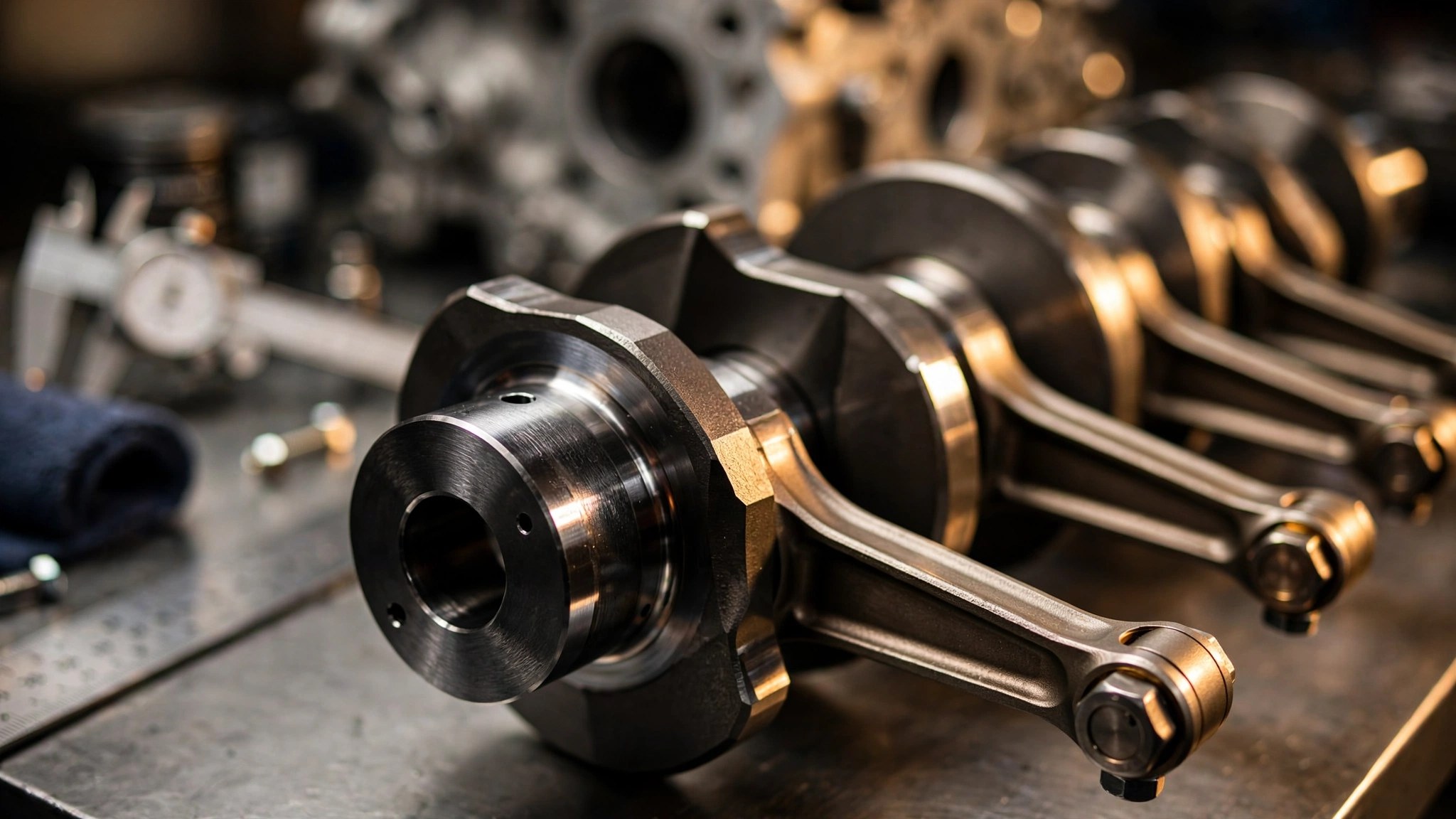 Close-up of a high-performance V8 flat-plane crankshaft and titanium connecting rods on a machinist workbench in warm workshop lighting