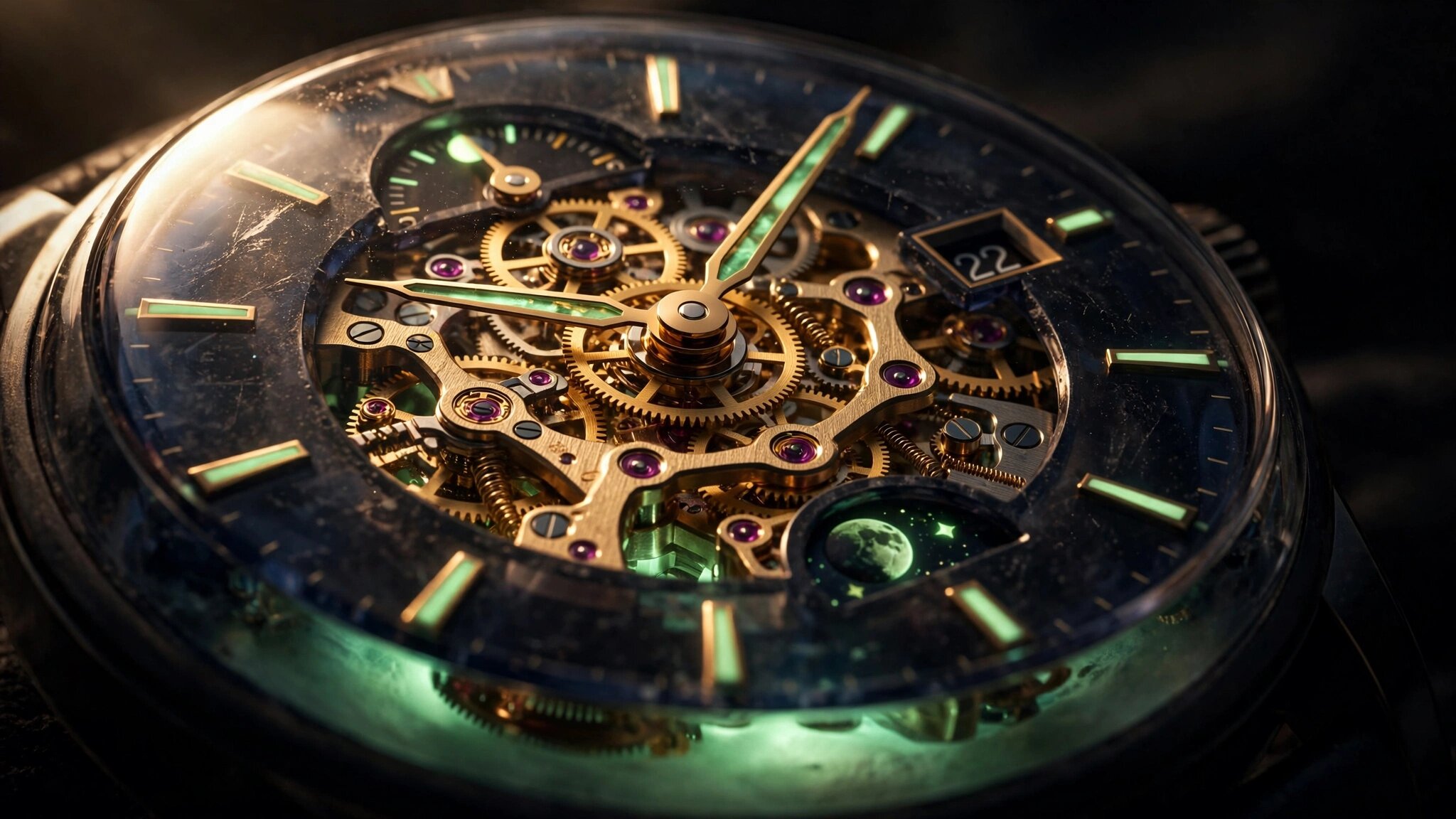 Macro close-up of a dark semi-transparent sapphire watch dial with green luminous glow beneath