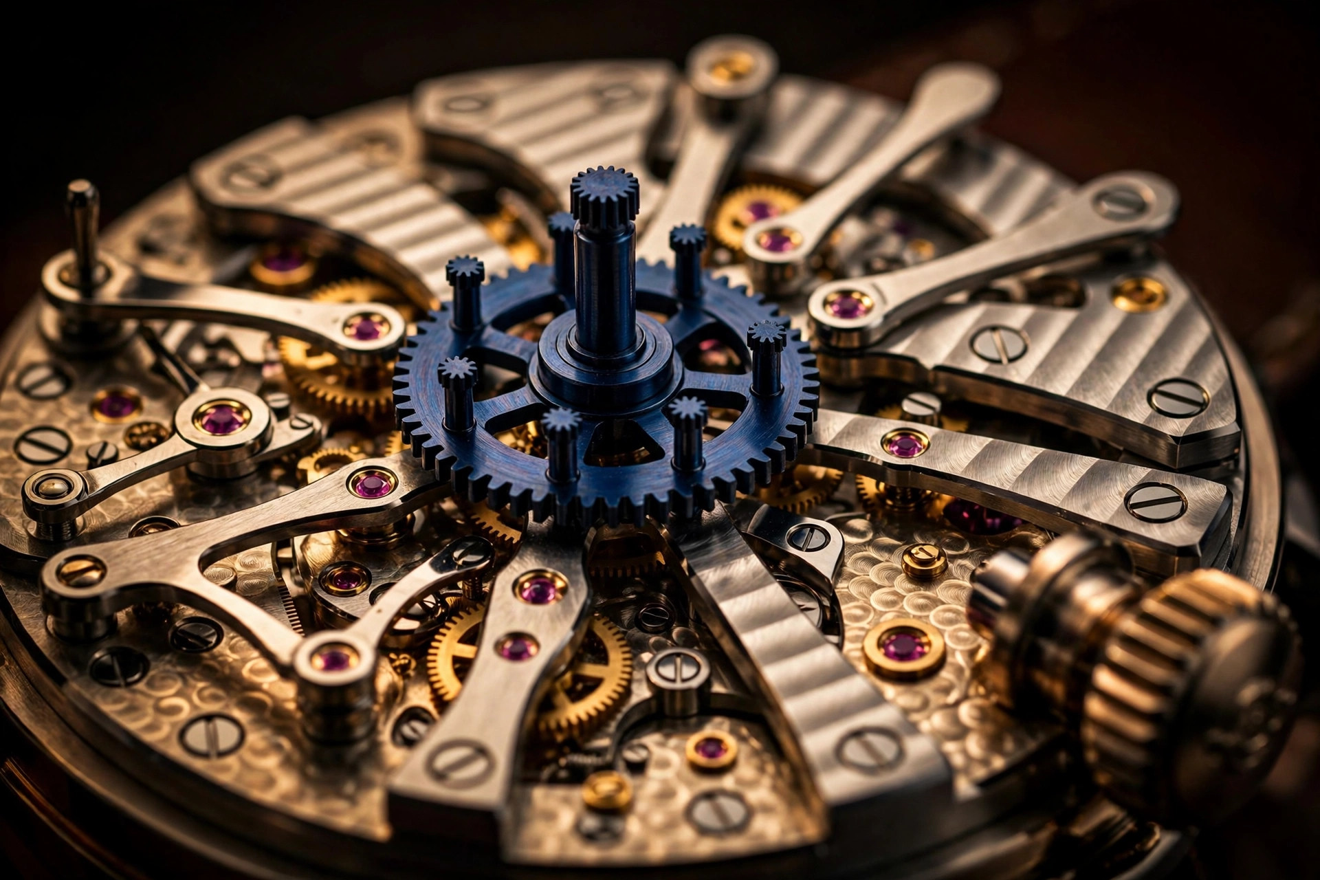 Editorial macro photograph of a column-wheel chronograph movement with a blued column wheel and polished levers under warm amber studio light
