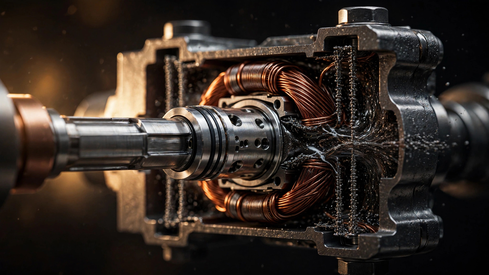 Macro photograph of a magnetorheological damper cross-section showing electromagnetic coil and dark iron-particle fluid