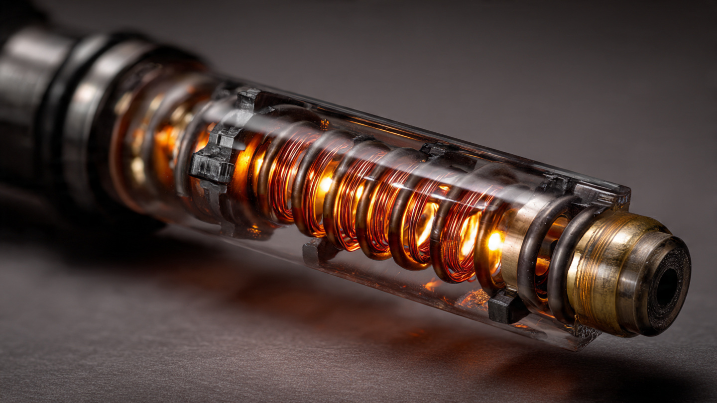 Cutaway magnetorheological damper showing electromagnetic coil and dark iron-laden fluid under warm workshop lighting