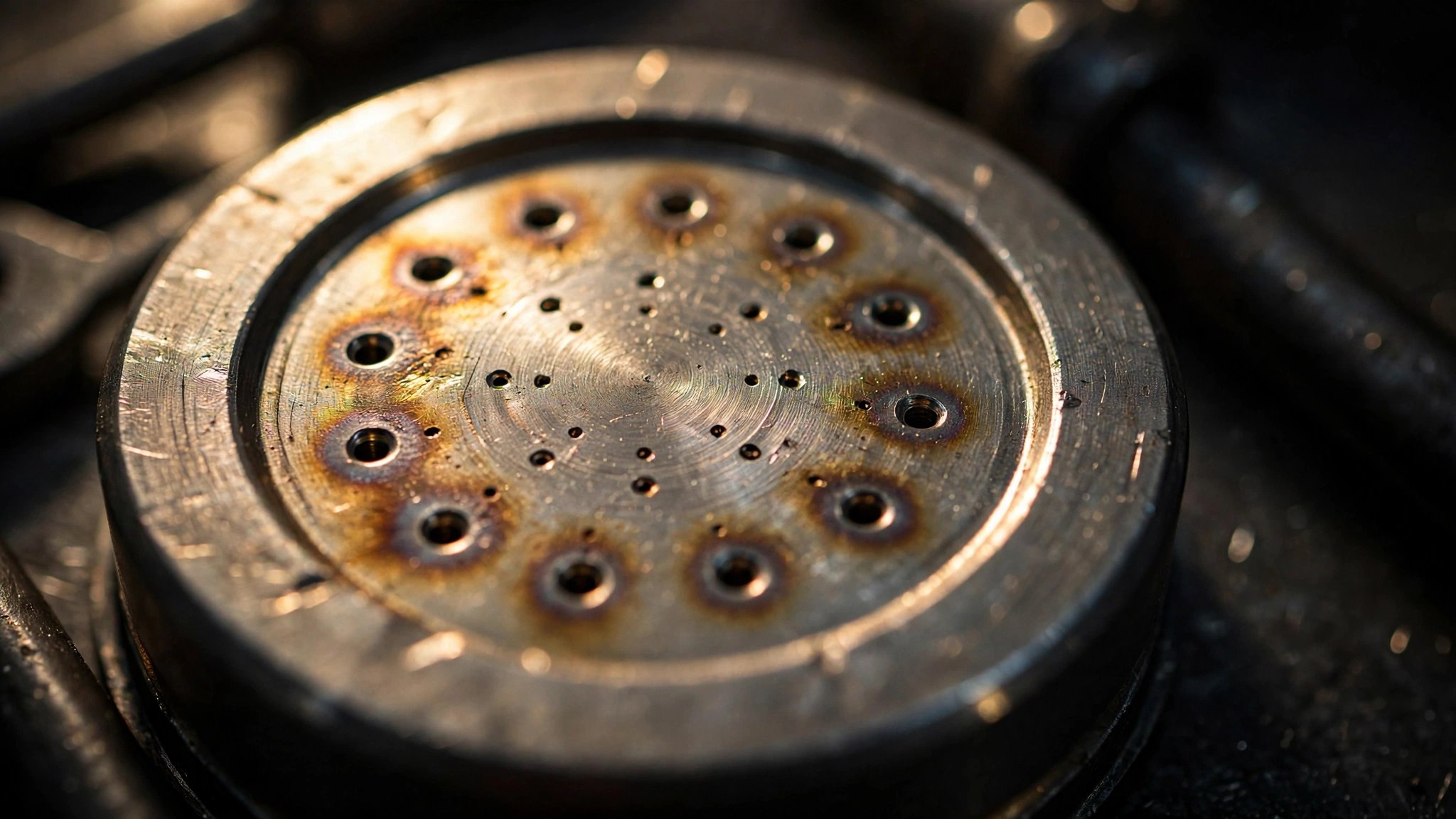 Extreme macro photograph of a pre-chamber combustion cap showing laser-drilled orifice holes in a nickel-alloy surface with heat discoloration