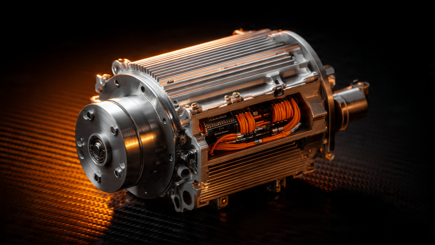 McLaren W1 E-module hybrid unit showing radial flux electric motor and integrated SiC motor control unit