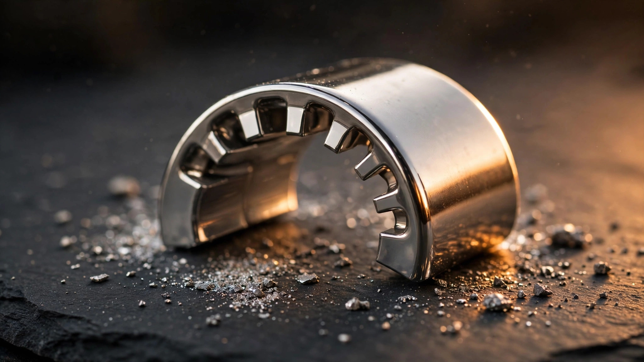 Macro photograph of a metallic glass motor component with smooth amorphous surface on a dark slate surface with scattered metal powder particles