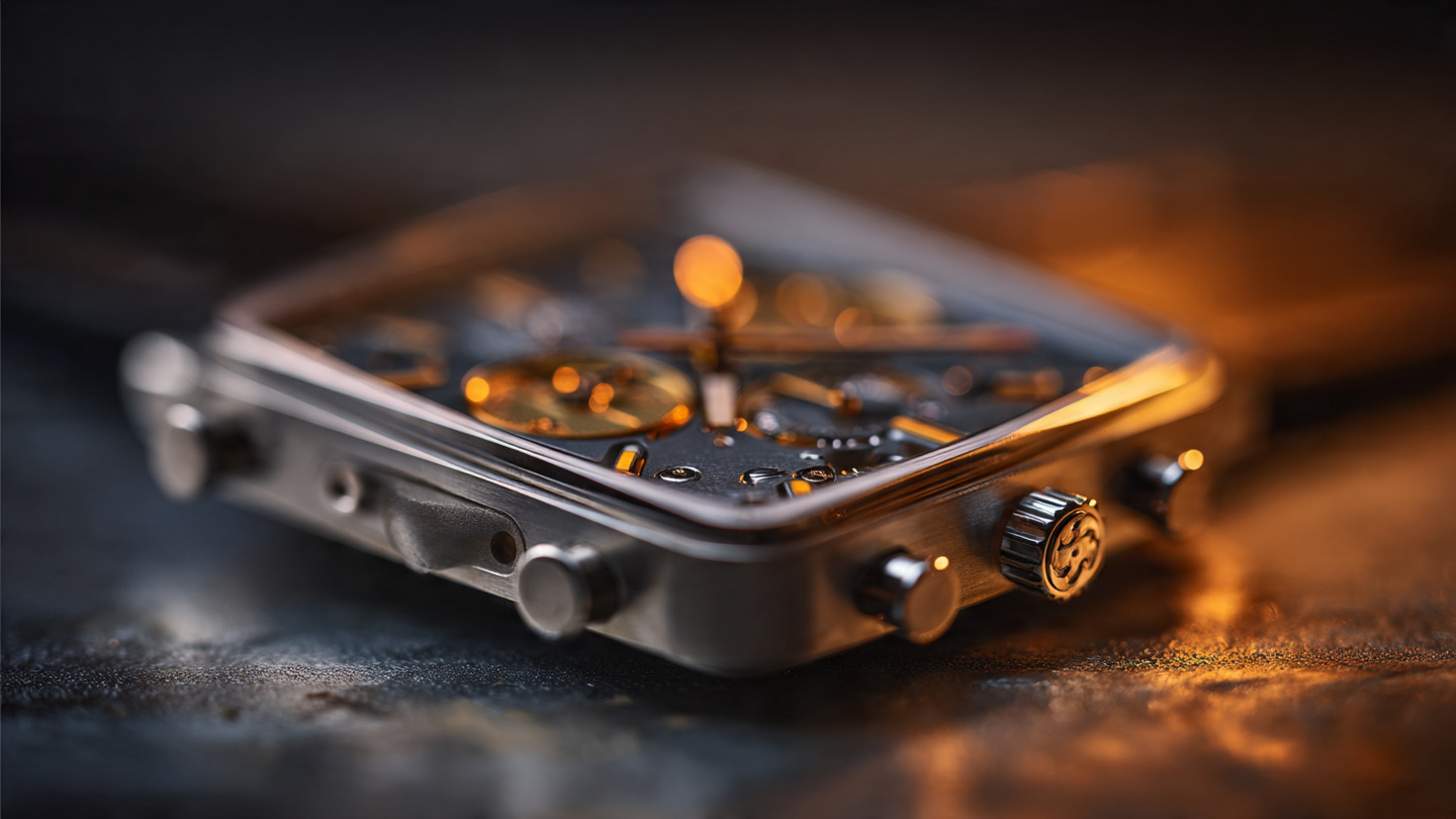 Macro photograph of a square titanium chronograph with exposed movement showing compliant mechanism components under warm amber lighting