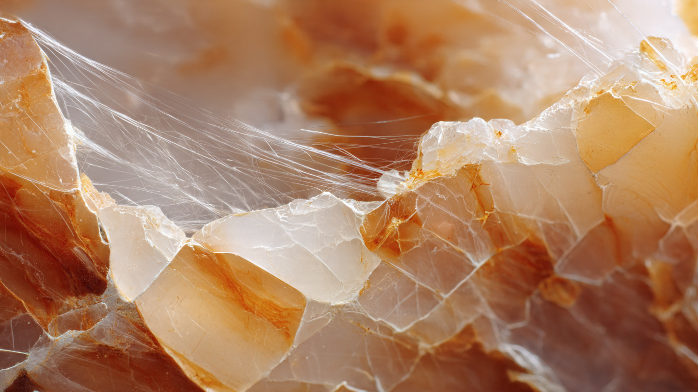 Extreme macro photograph of forged quartz fibre composite surface showing translucent white glass strands embedded in resin matrix with a distinctive moir&eacute; pattern under warm directional lighting