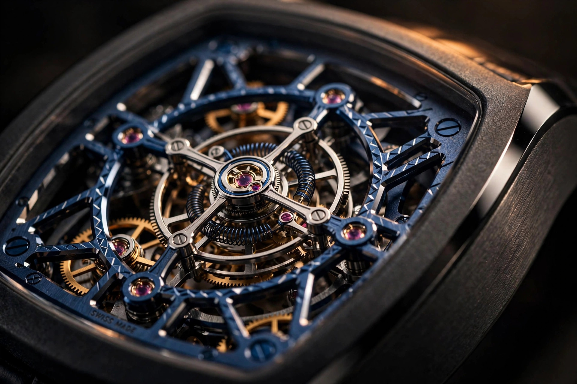 Editorial macro photograph of a skeletonized tourbillon with blued bridges and twin hairsprings in an anthracite ceramic case, warm amber studio lighting
