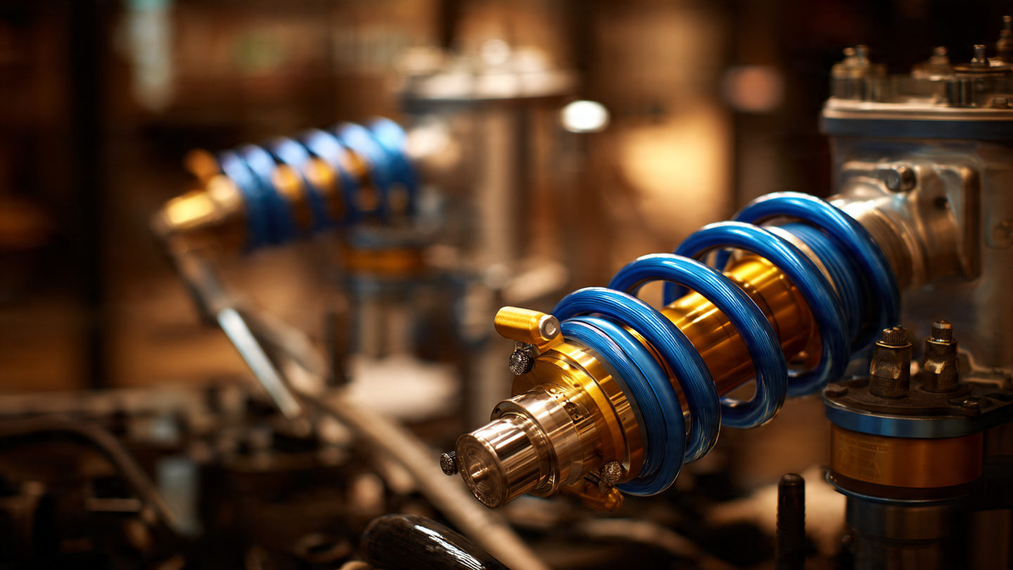 Close-up of Mustang GTD inboard pushrod rear suspension with blue and gold Multimatic dampers visible through polycarbonate window under warm workshop lighting