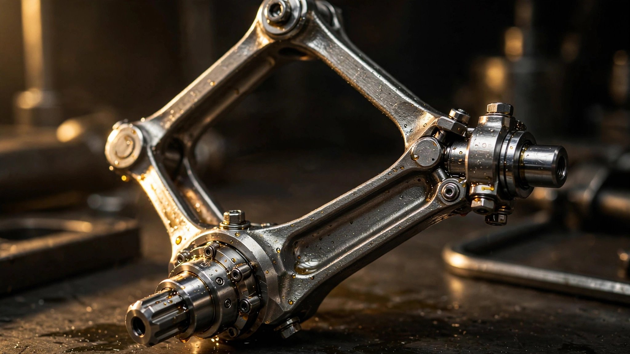 Macro photograph of a precision-machined multi-link connecting mechanism in high-carbon steel