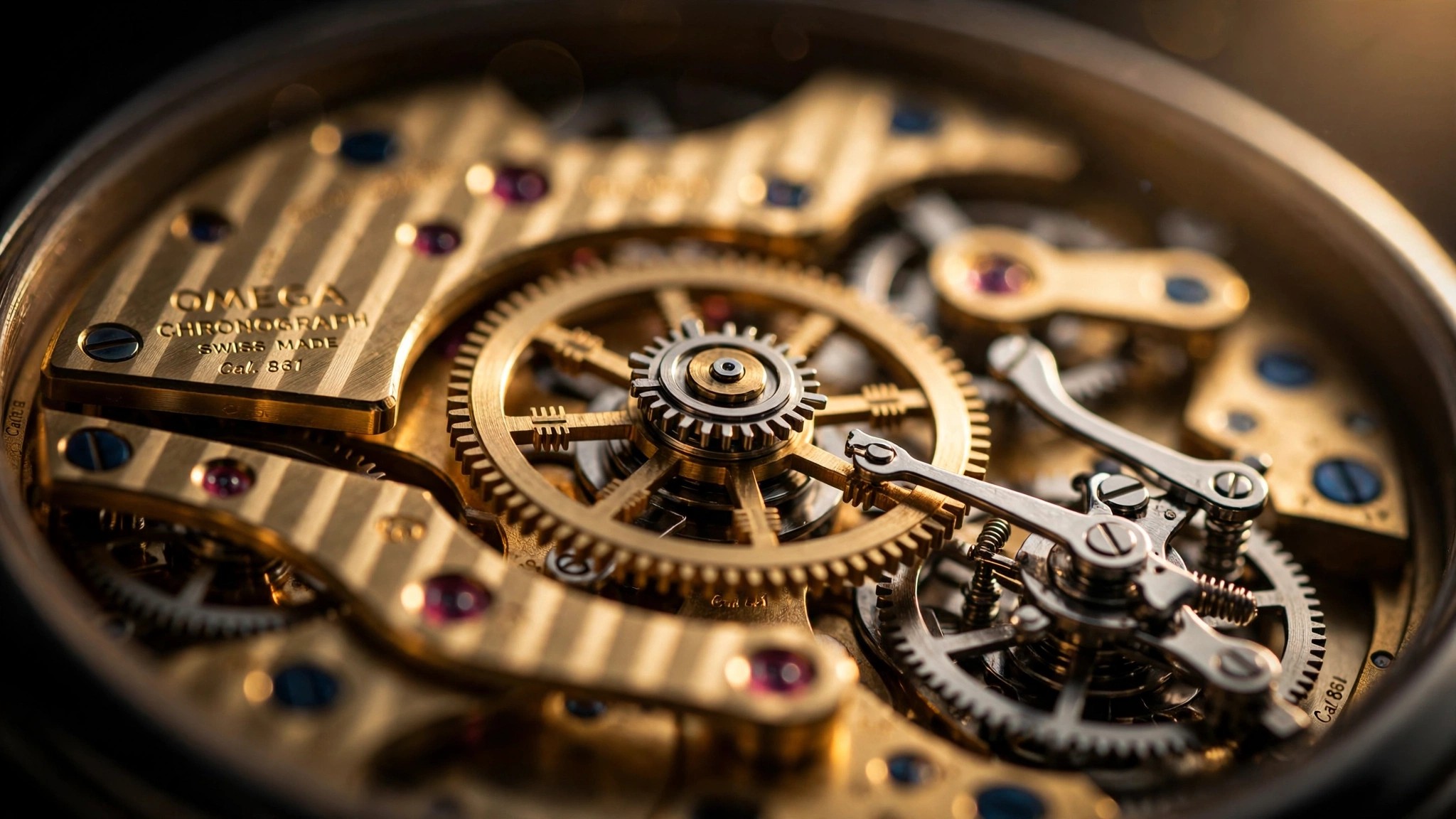 Macro photograph of a vintage Omega chronograph movement showing the column wheel and lateral coupling clutch with warm directional light