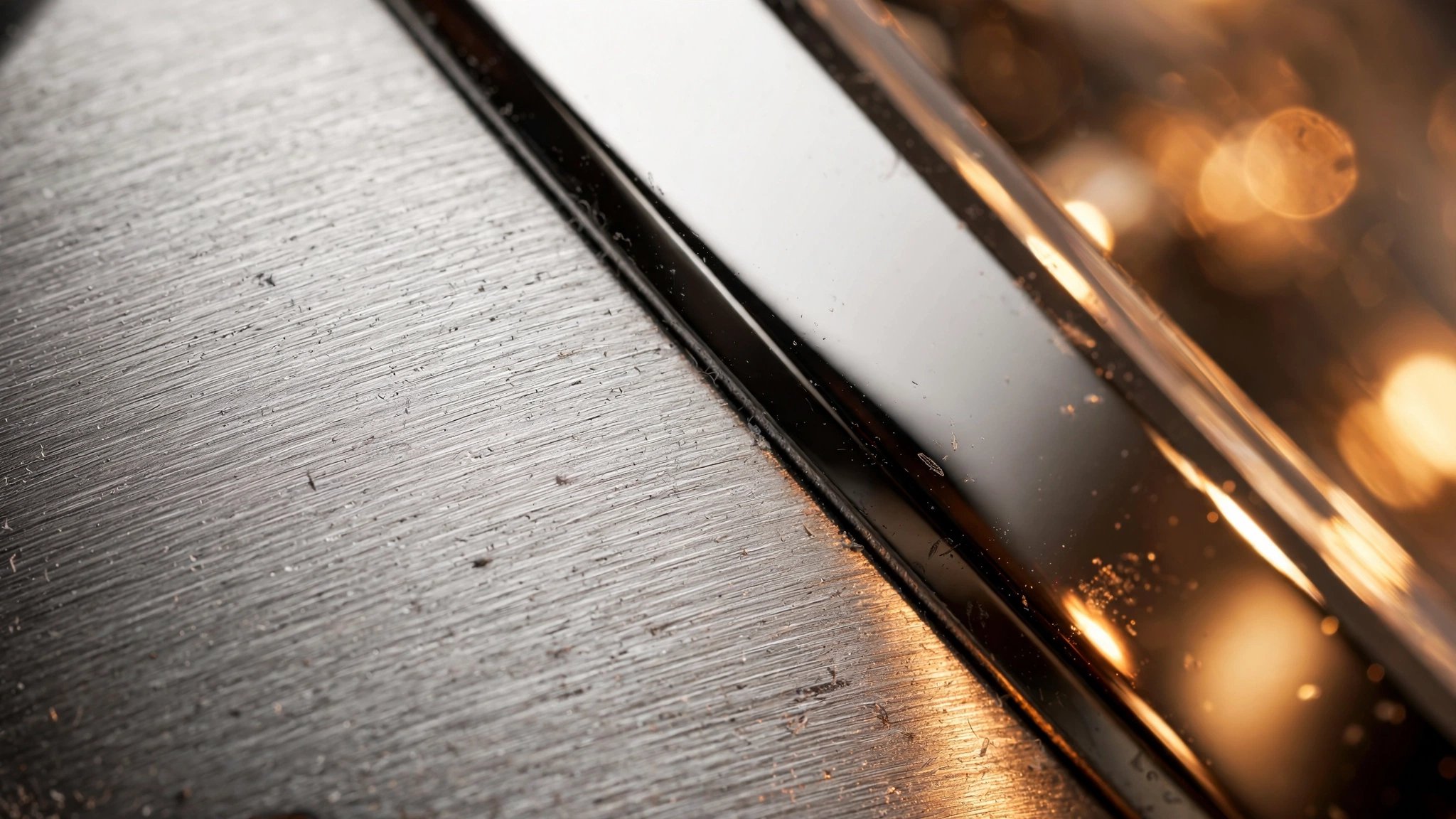 Macro photograph of polished stainless steel watch case surface showing bright white-silver hue and fine grain texture under warm directional lighting