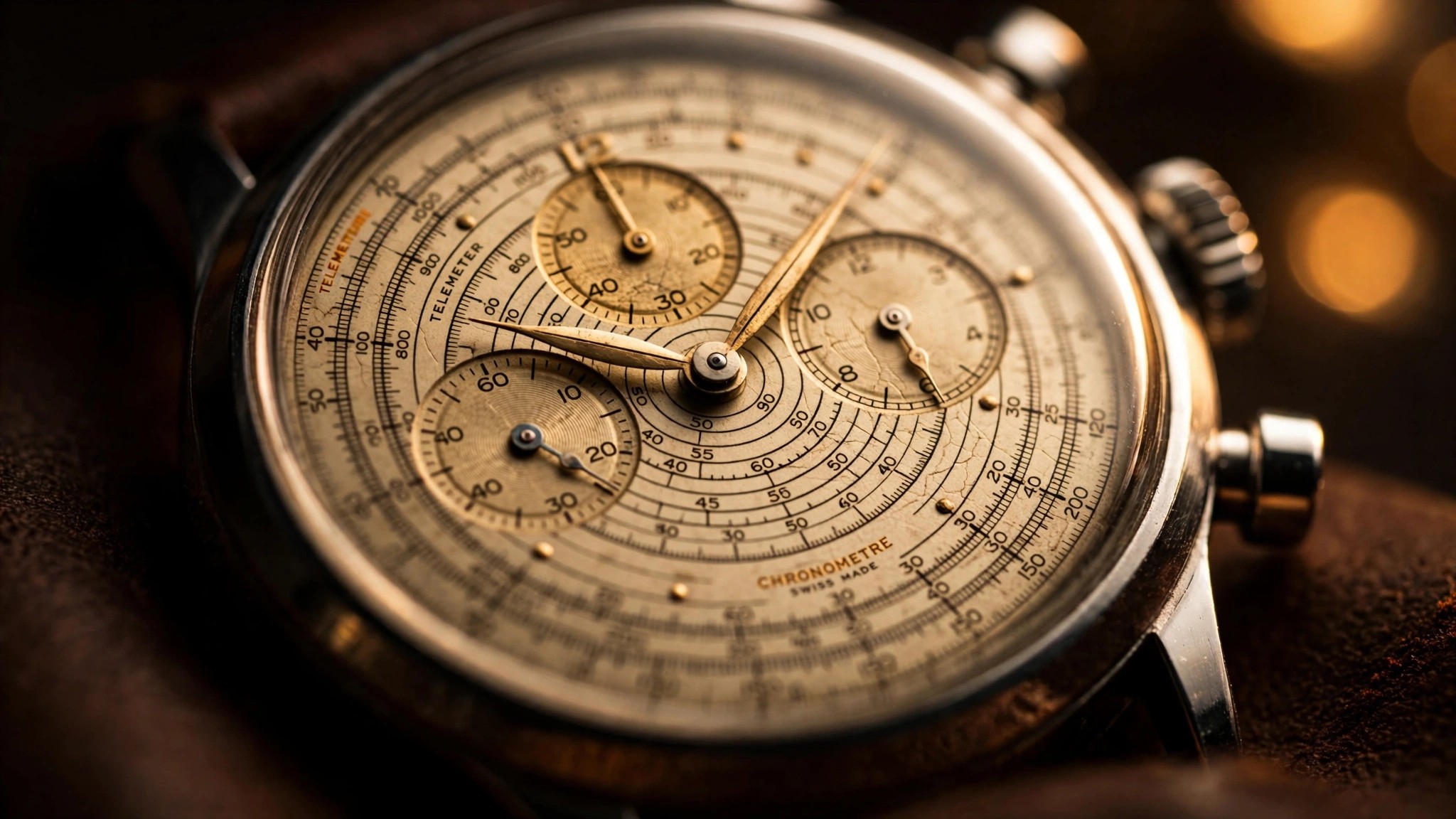 Macro photograph of a chronograph dial showing concentric tachymeter, telemeter, and pulsometer scales