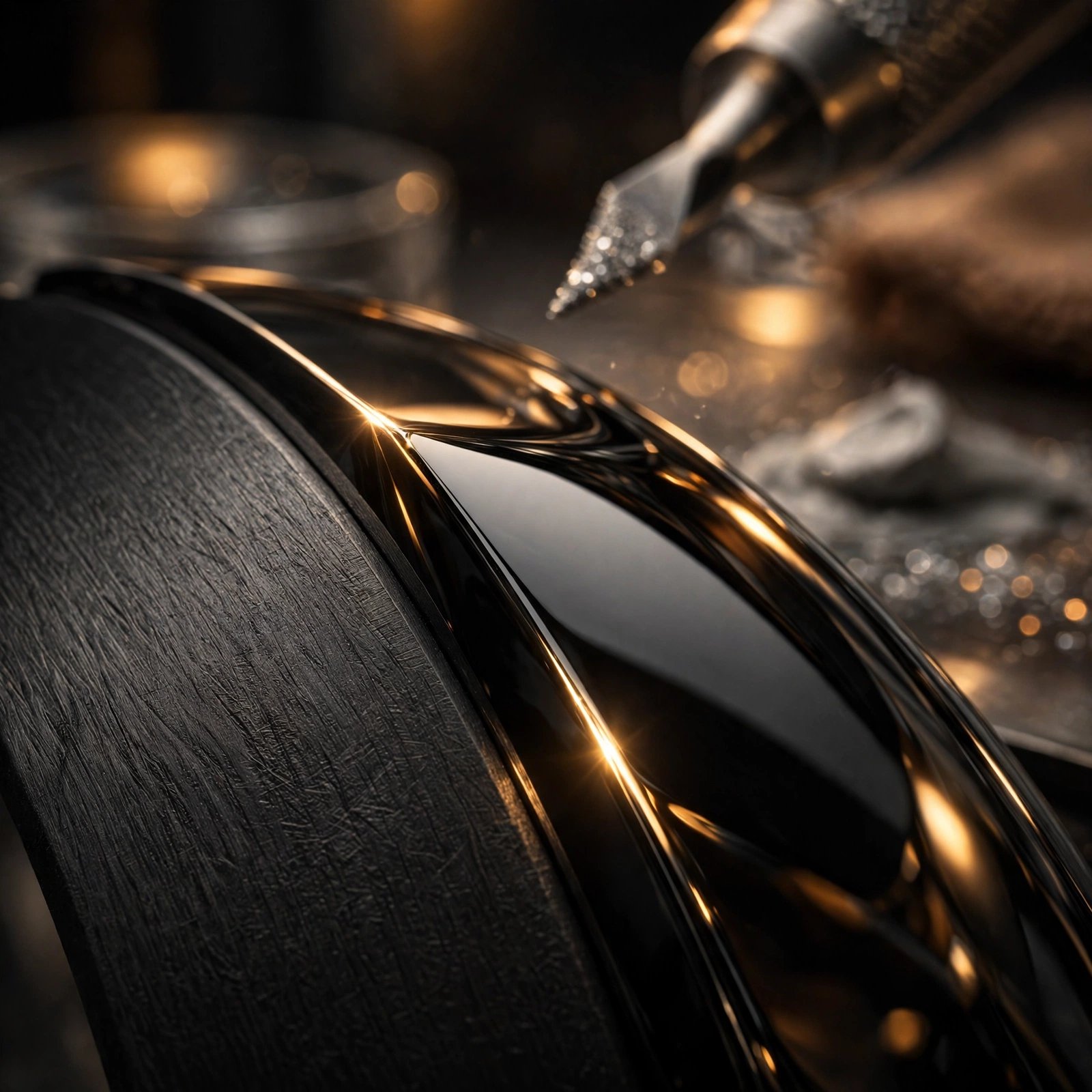 Close-up of black zirconium oxide ceramic watch case showing polished and brushed surfaces