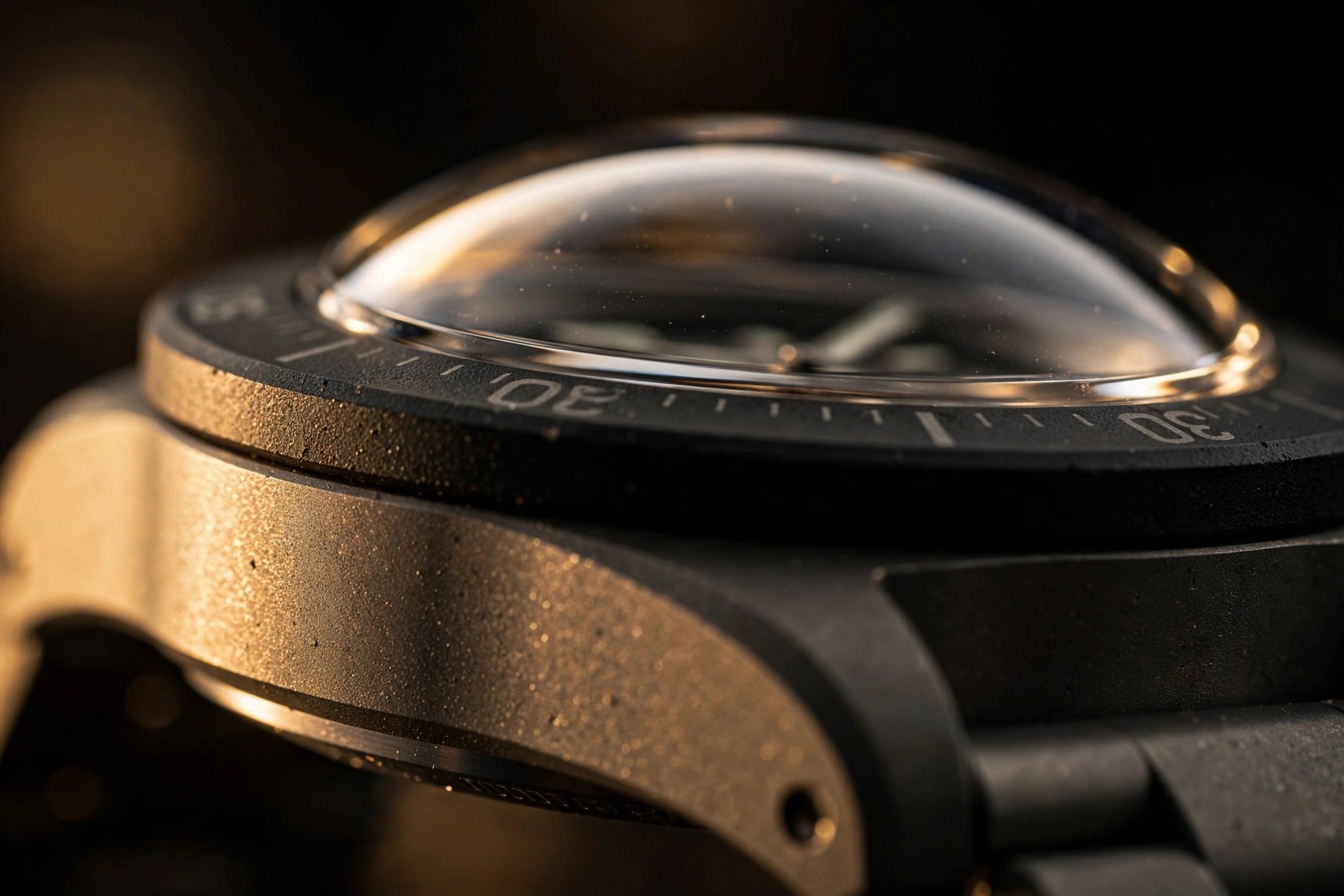 Macro photograph of a Grade 5 titanium dive watch case showing sandblasted surface texture and thick conical sapphire crystal dome under dramatic side lighting