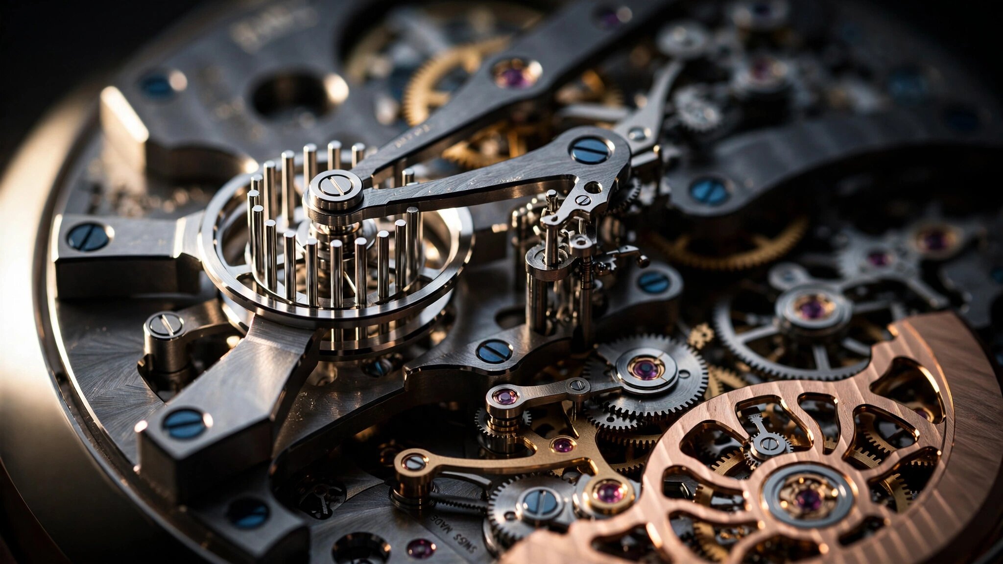 Macro photograph of a column wheel chronograph movement showing polished clutch components, beveled bridges, and a skeletonized rose gold rotor under warm directional lighting