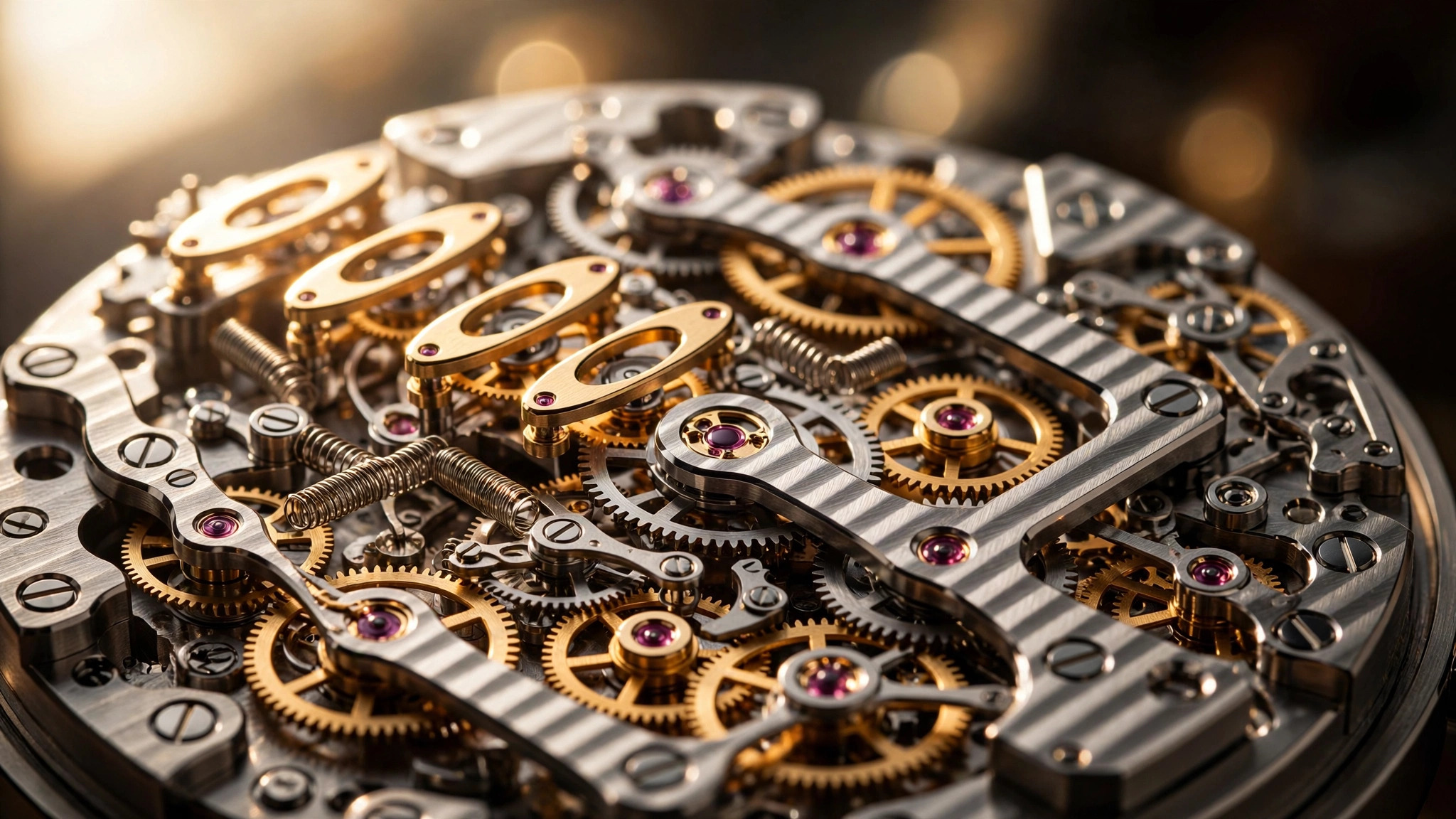 Macro photograph of intricate watch movement components showing ovoid cams and delicate flexure springs in gold and steel, under warm directional lighting revealing fine surface finishing