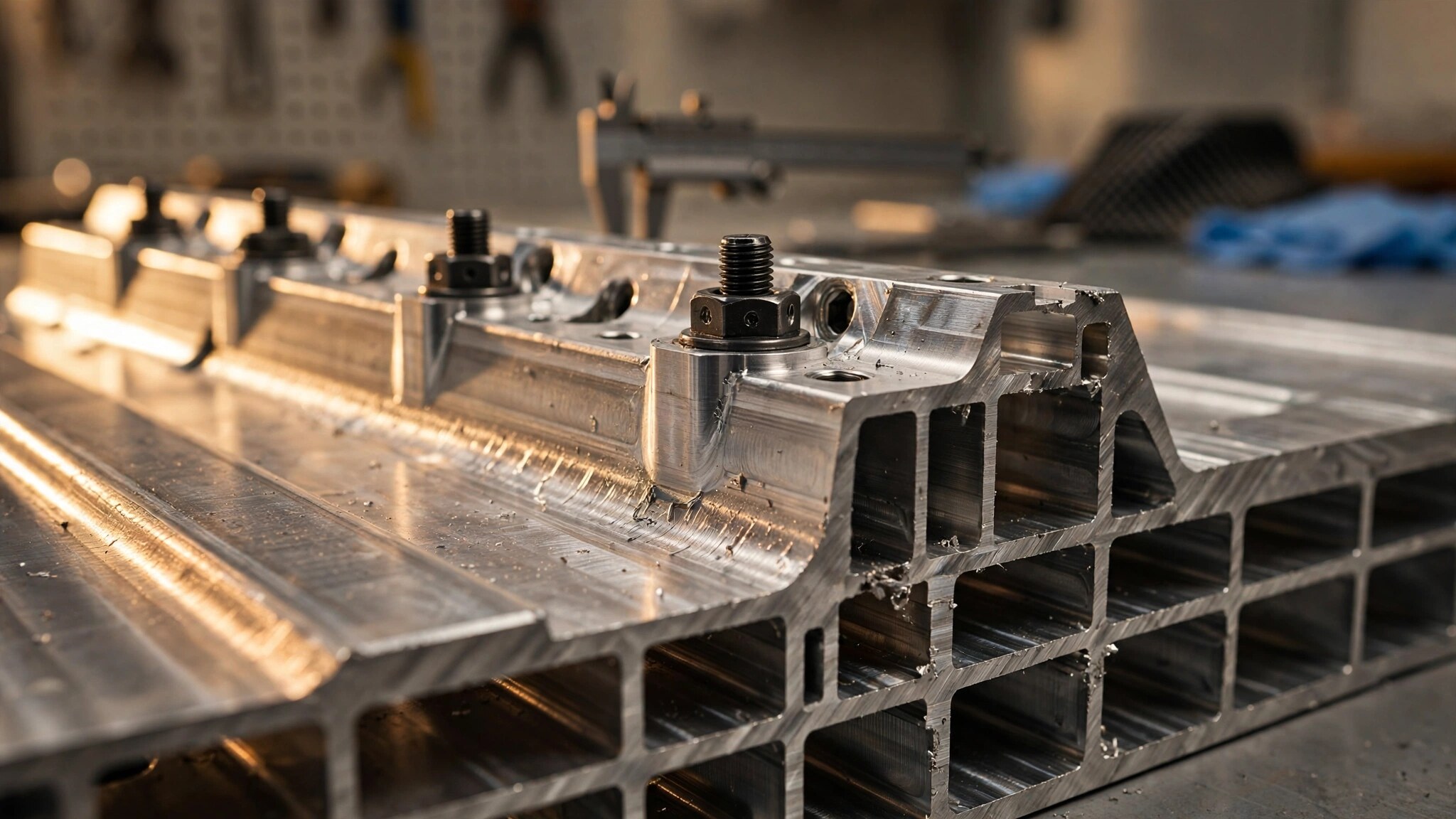 Macro photograph of a precision-machined aluminum structural floor panel section with bolt attachment points and extruded cross-section ribs