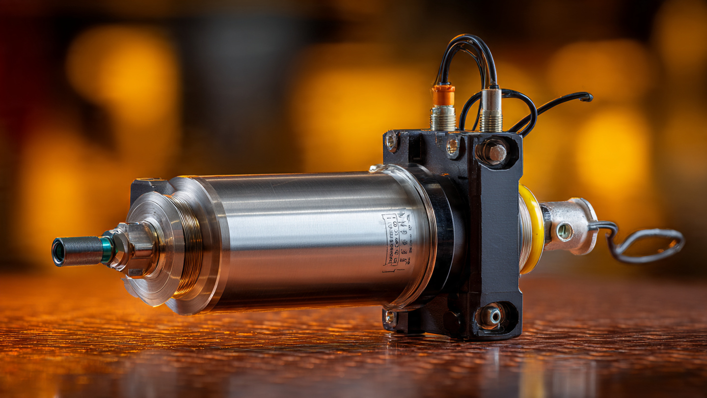 Macro photograph of an active suspension damper with integrated hydraulic pump and machined aluminum housing under warm amber workshop lighting