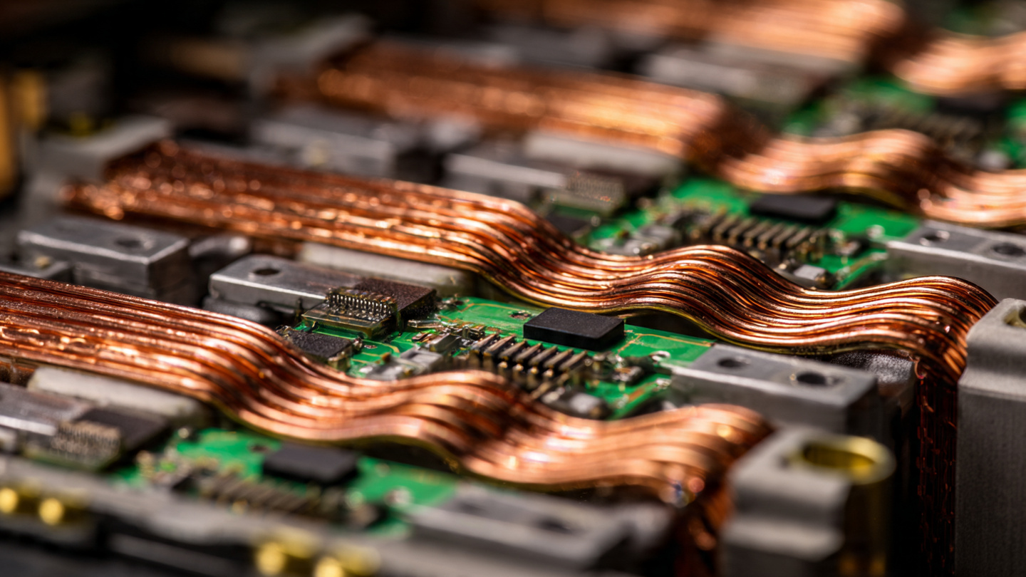 Macro photograph of copper cooling channels and silicon carbide power electronics inside an electric vehicle battery pack under warm amber directional lighting