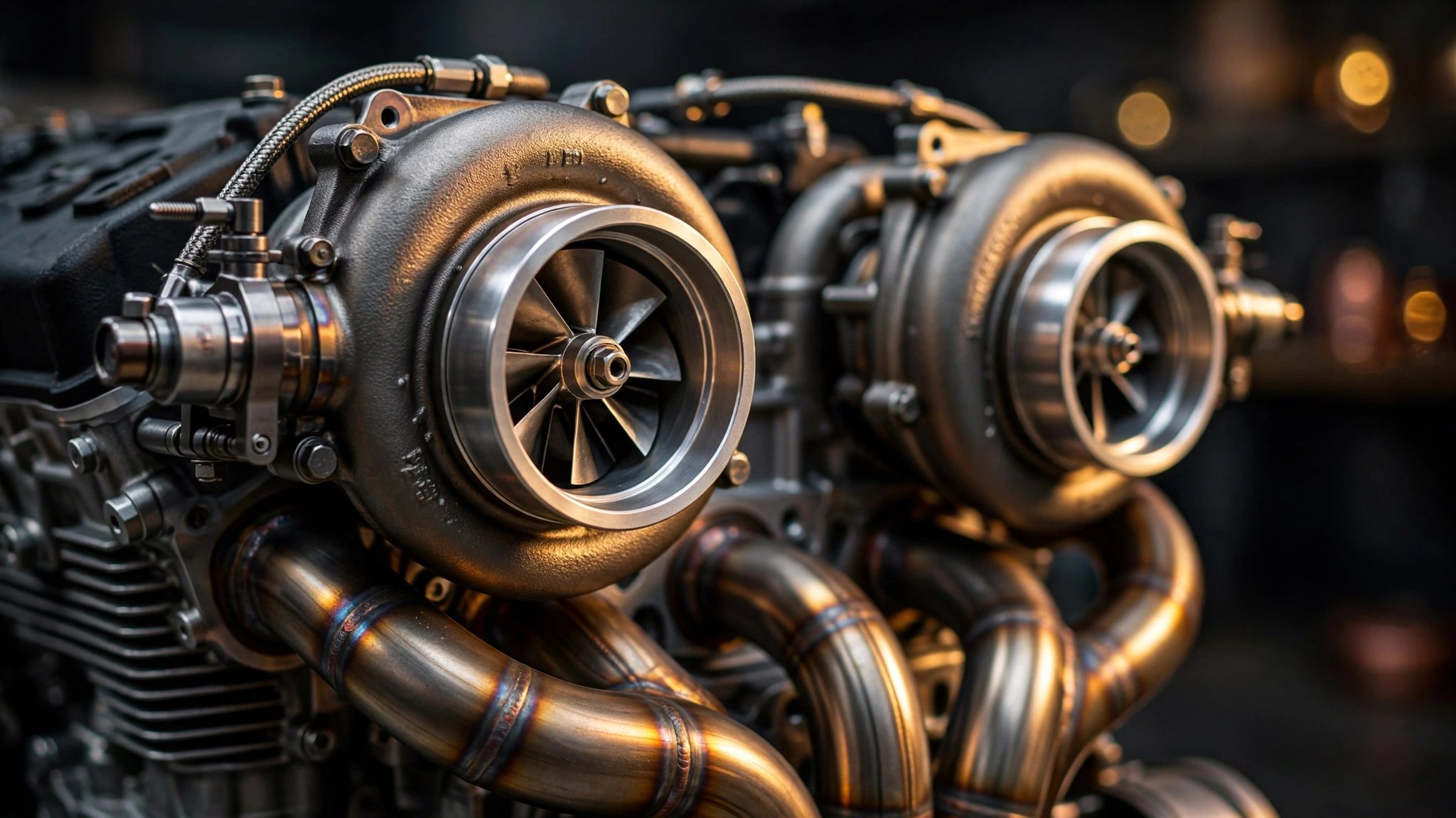 Close-up of a turbocharger compressor housing showing precision-machined blades and exhaust manifold piping under warm directional lighting