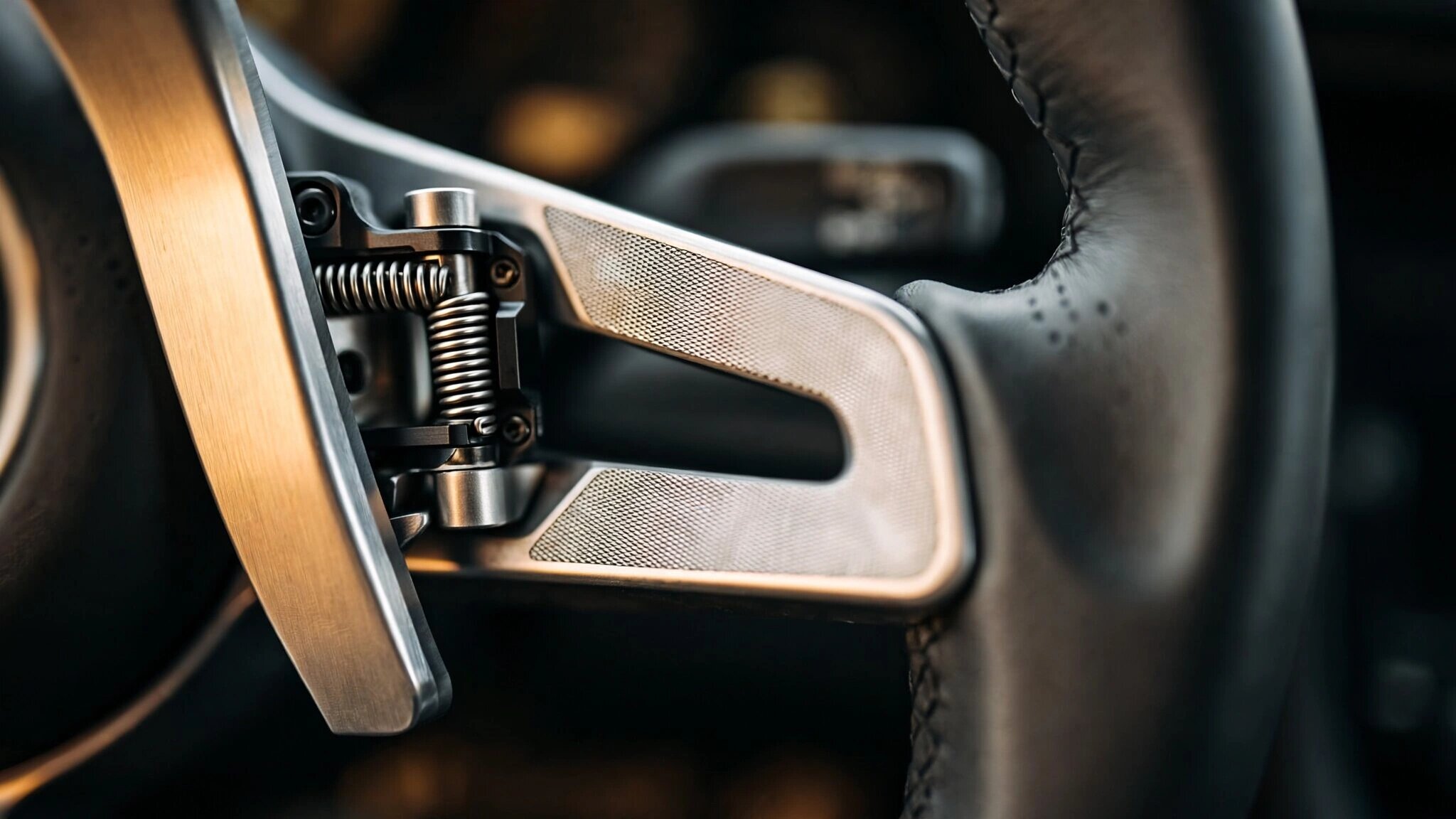 Macro photograph of a Porsche steering wheel paddle shifter mechanism with warm directional lighting