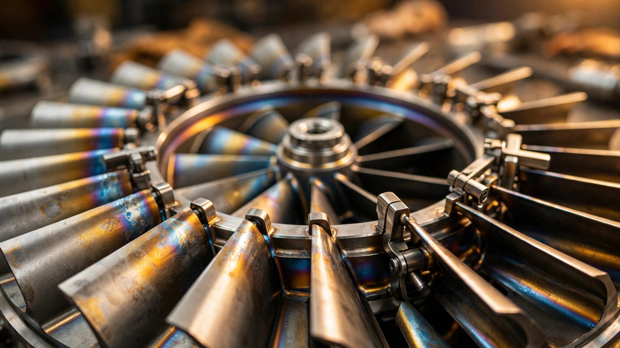 Close-up of a variable turbine geometry turbocharger mechanism showing adjustable guide vanes